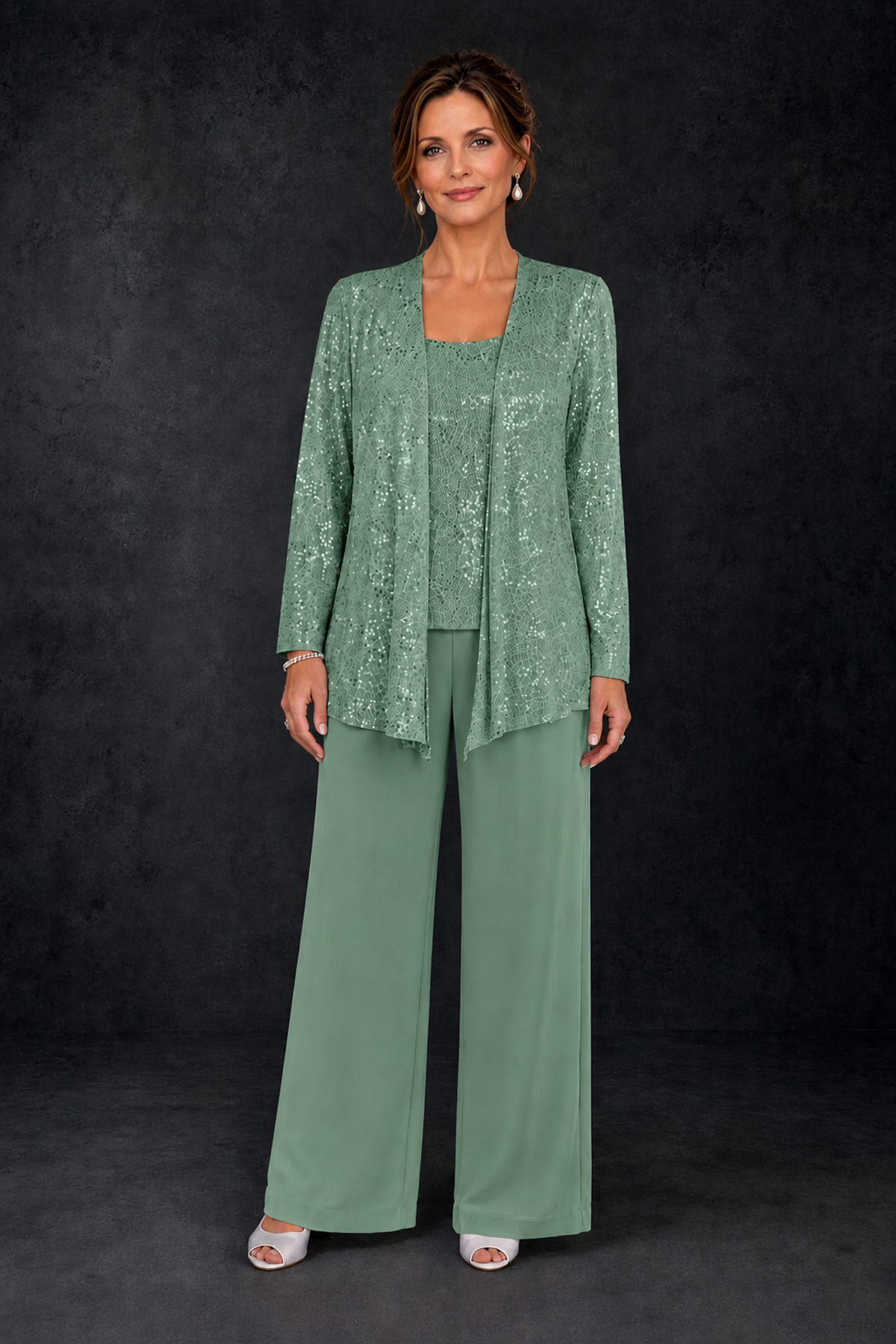 BOLODOO Eucalyptus Sequin Lace 3-Piece Pant Suit with Long Sleeve Jacket - Eucalyptus - Eucalyptus (1)