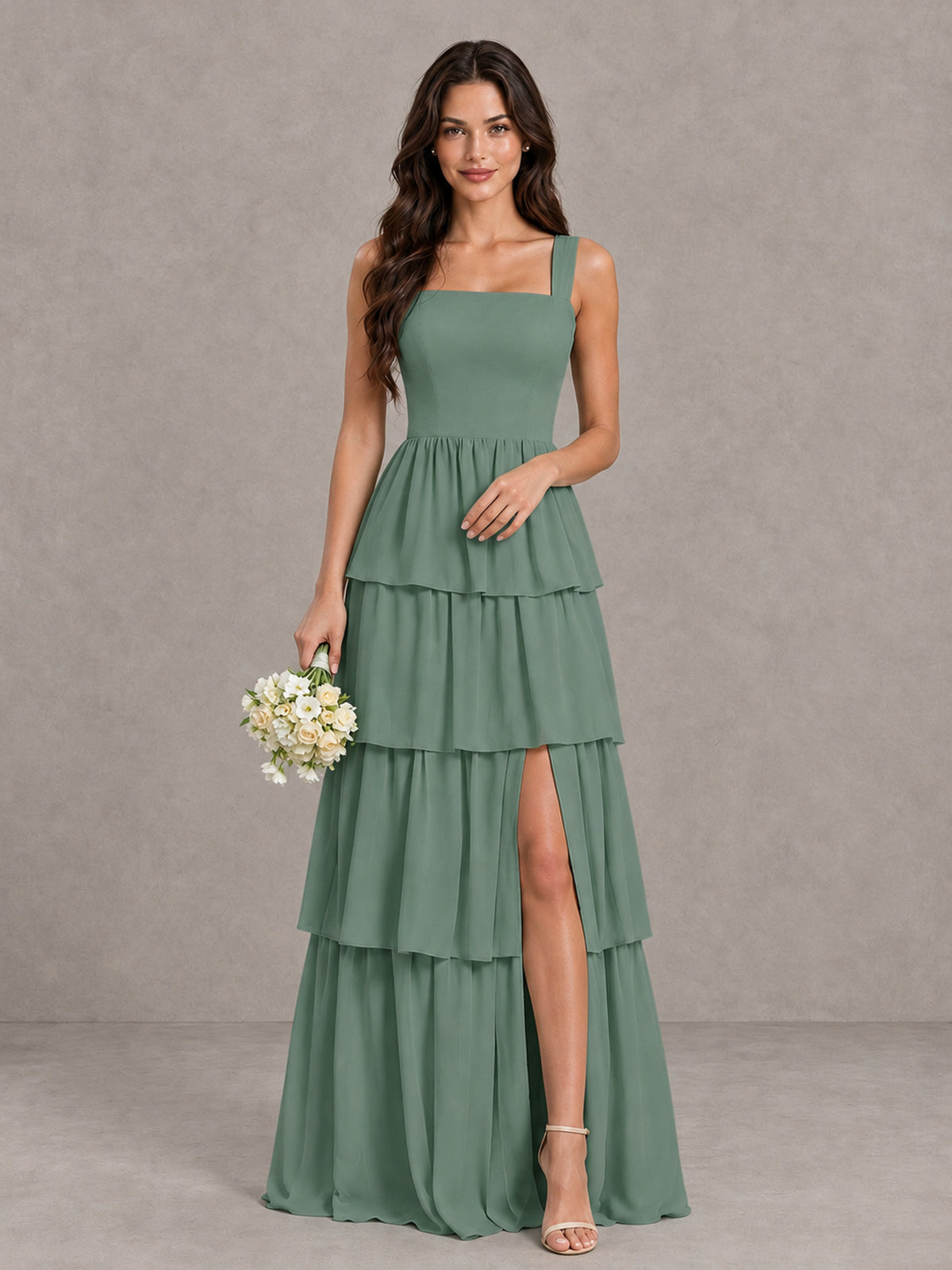 BOLODOO Eucalyptus Square Neck Tiered Bridesmaid Dress with Slit - Eucalyptus - Eucalyptus (1)