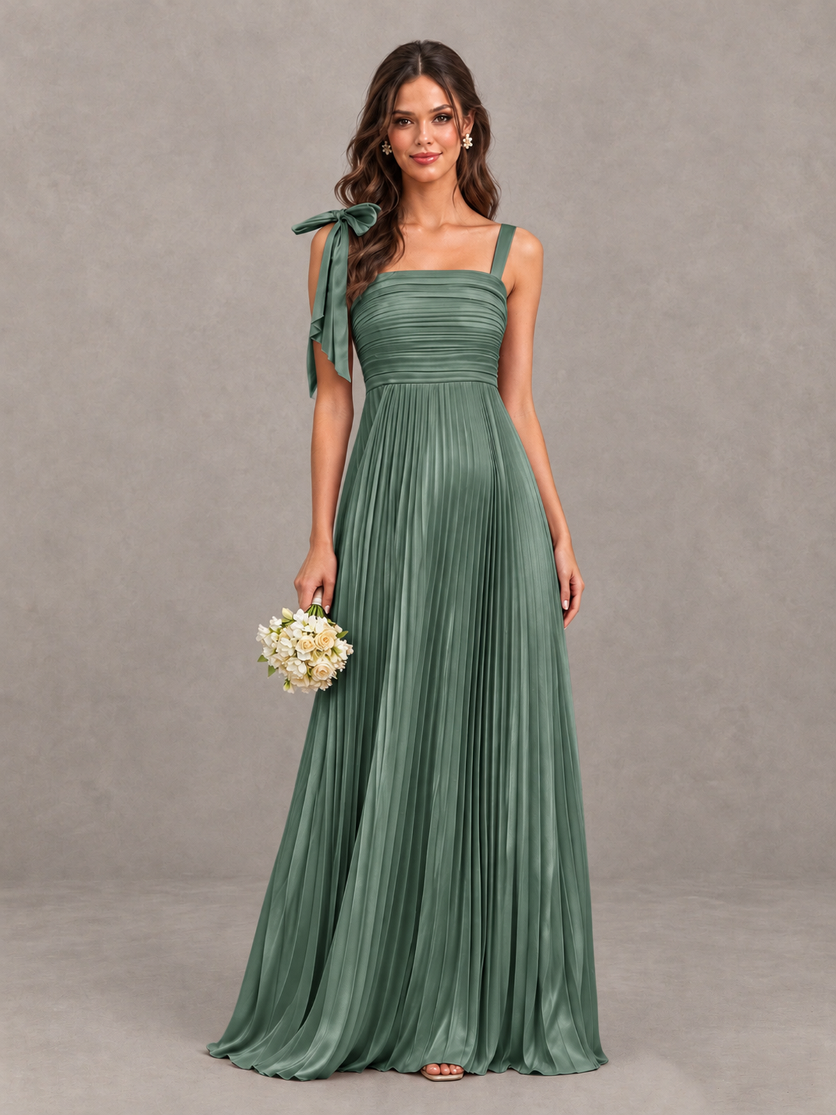 BOLODOO Eucalyptus Pleated Bow-Strap Bridesmaid Maxi Dress - Eucalyptus - Eucalyptus (1)