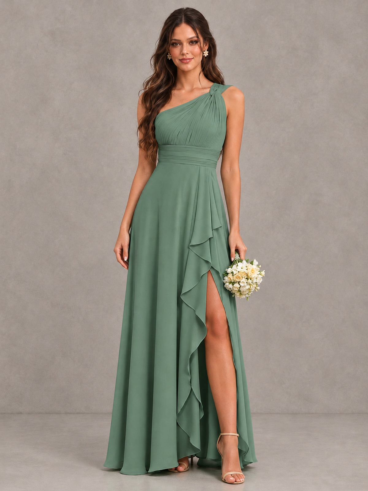 BOLODOO Eucalyptus One-Shoulder Ruffle Bridesmaid Dress with Slit - Eucalyptus - Eucalyptus (1)