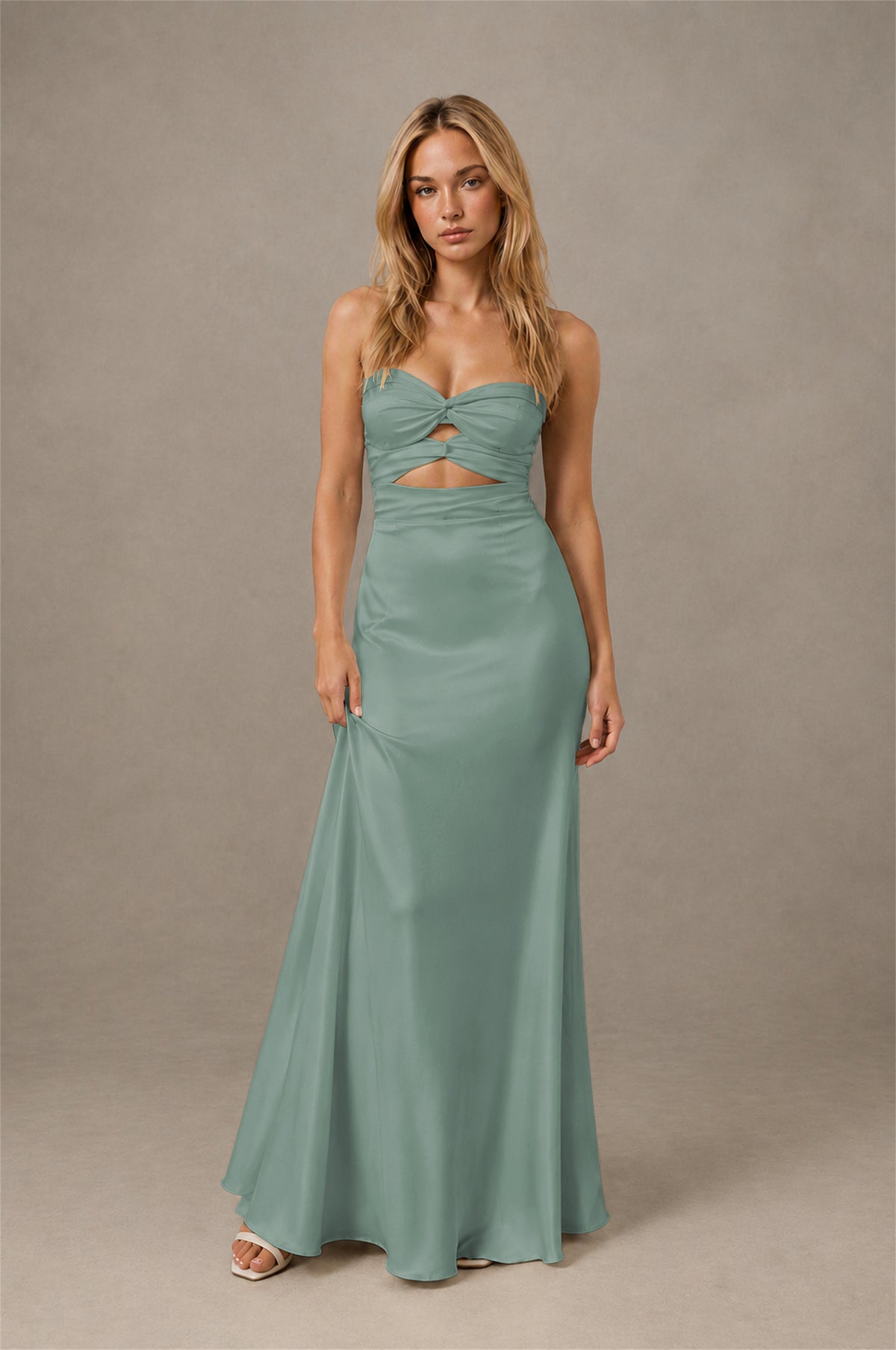 BOLODOO Eucalyptus Sweetheart Strapless Twist Knot Cutout Lace-Up Back Satin Mermaid Maxi Dress - Eucalyptus - Eucalyptus (1)