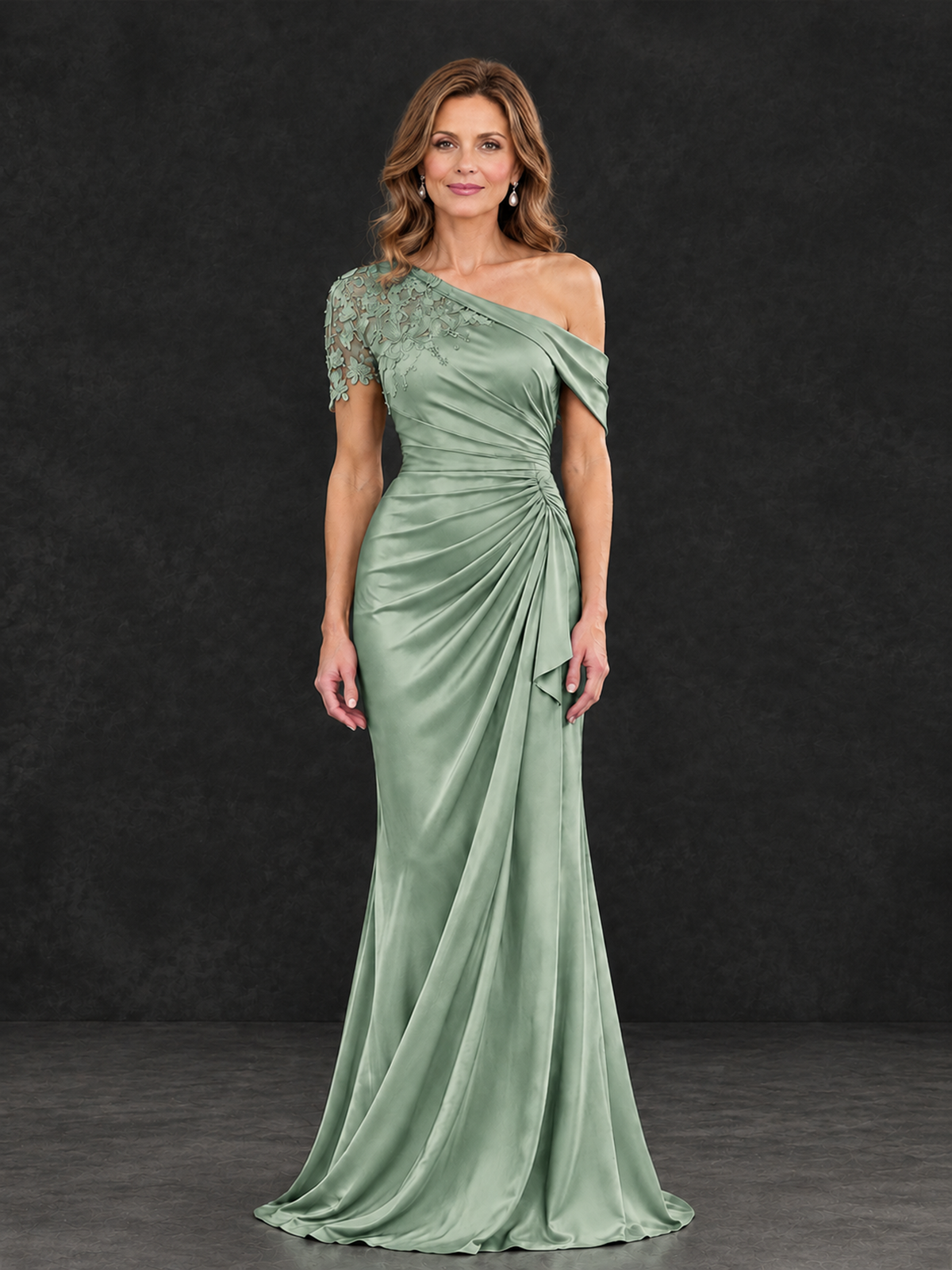 BOLODOO Eucalyptus Asymmetric Satin Mother of the Bride Dress with Lace Sleeve - Eucalyptus - Eucalyptus (1)