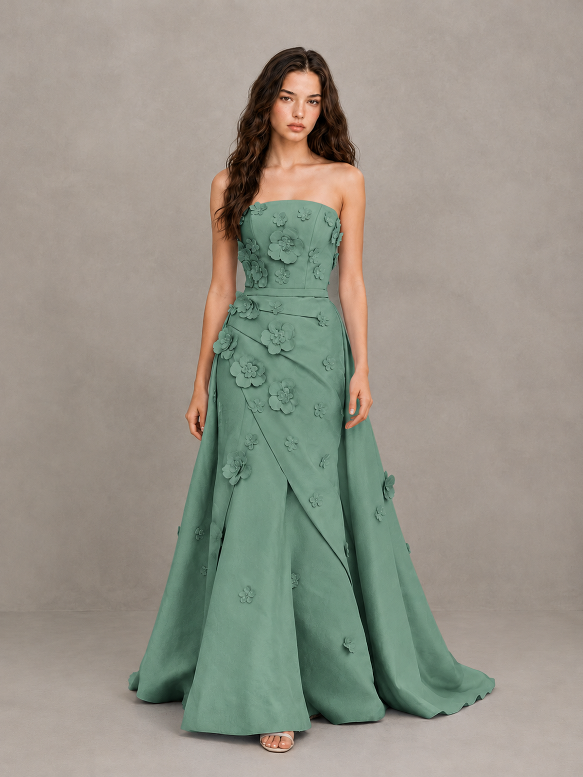 BOLODOO Eucalyptus Strapless 3D Floral Applique Prom Gown with Draped Skirt - Eucalyptus - Eucalyptus (1)