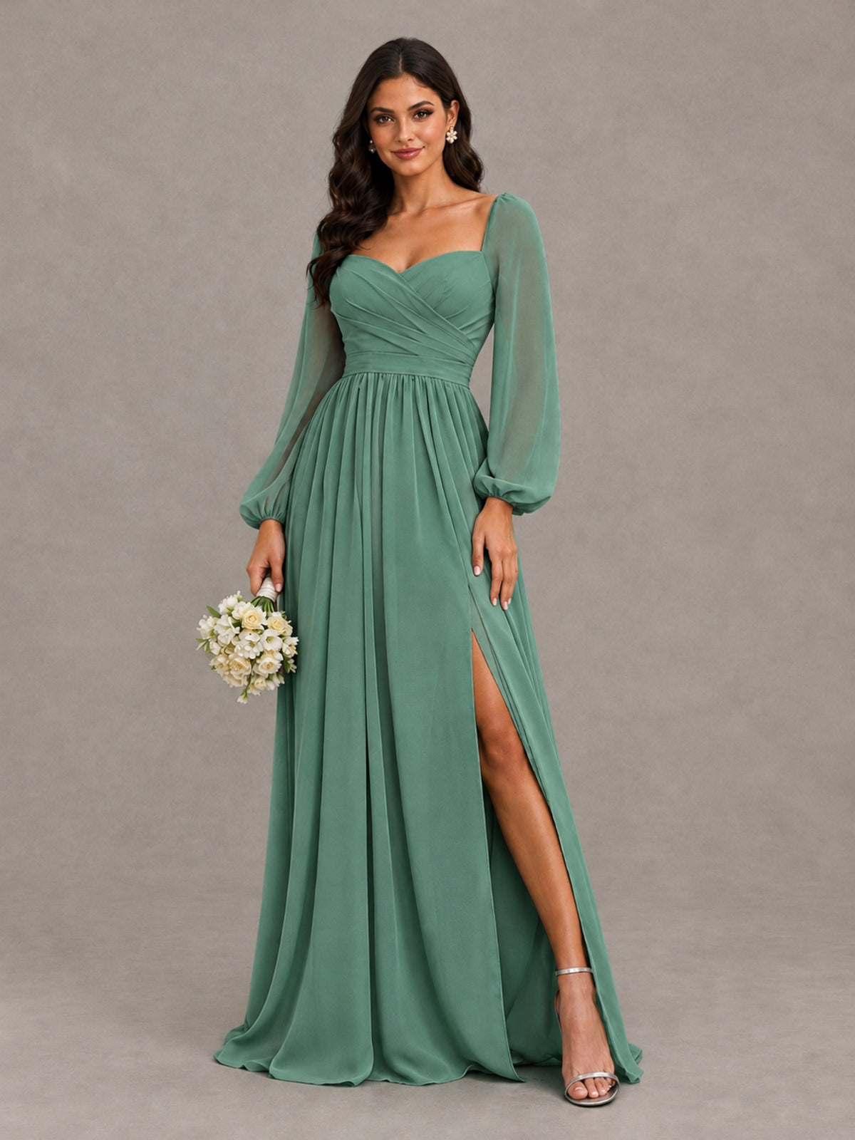 BOLODOO Eucalyptus Long Sleeve Chiffon Bridesmaid Dress with Slit - Eucalyptus - Eucalyptus (1)
