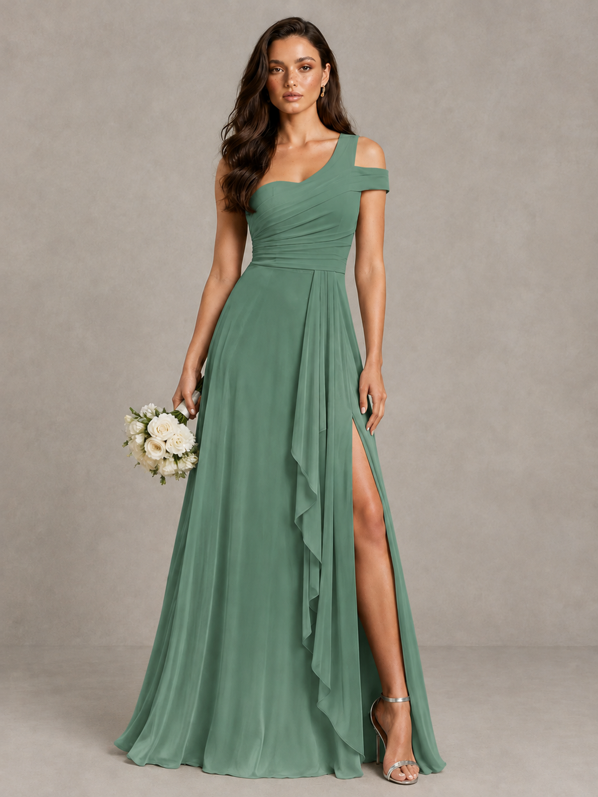 BOLODOO Eucalyptus One-Shoulder Bridesmaid Dress with Side Slit - Eucalyptus - Eucalyptus (1)