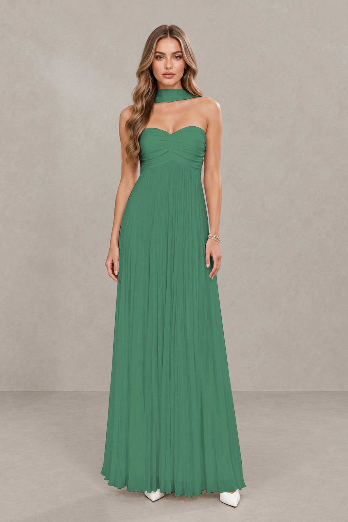 BOLODOO Eucalyptus Strapless Chiffon-Look Maxi Dress with Lace-Up Back & Cape - Eucalyptus