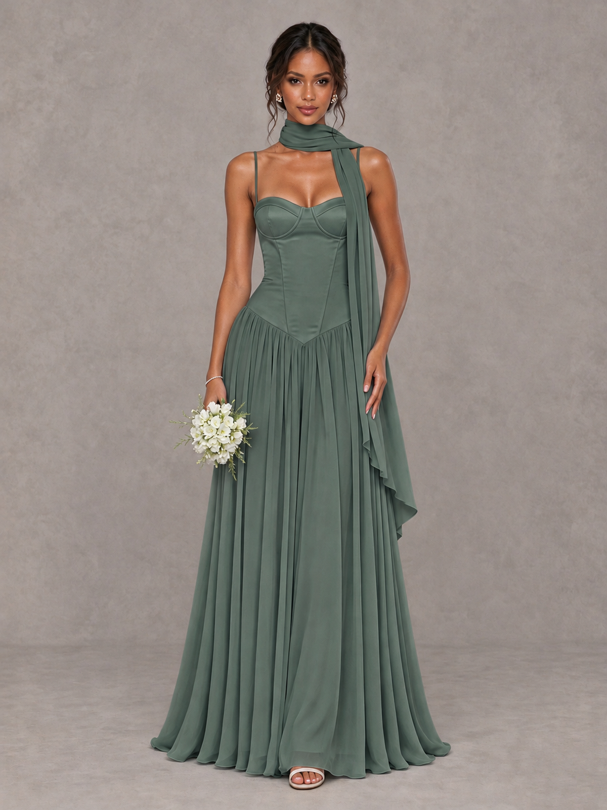 BOLODOO Eucalyptus Corset Bridesmaid Dress with Scarf - Eucalyptus - Eucalyptus (1)