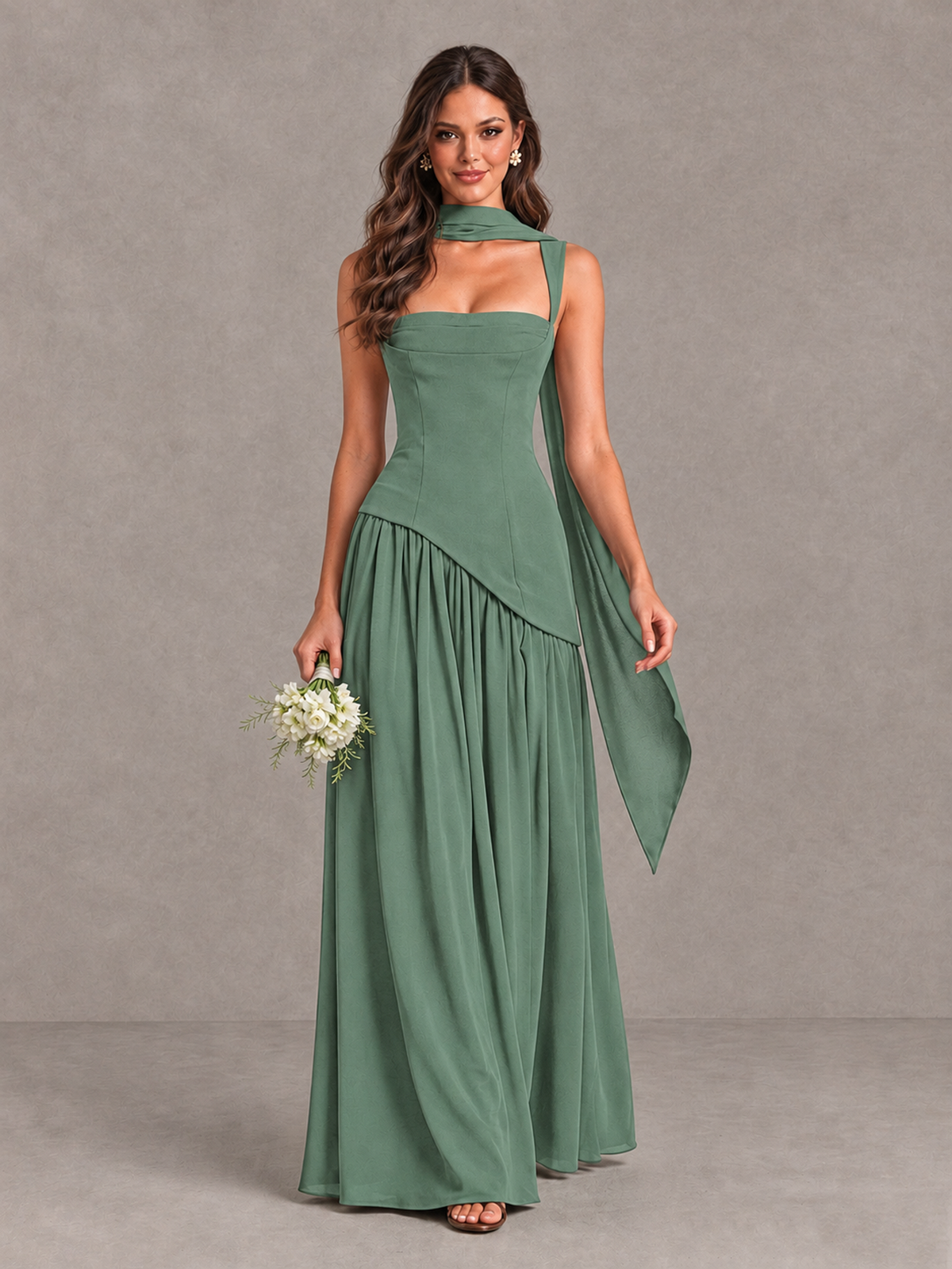 BOLODOO Eucalyptus Brown Scarf Bridesmaid Dress with Lace-Up Back - Eucalyptus - Eucalyptus (1)