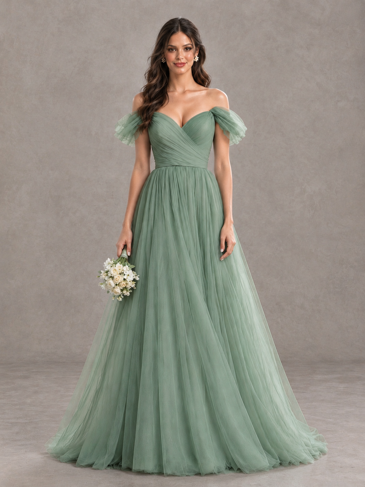 BOLODOO Eucalyptus Off-the-Shoulder Ruffle Sleeve A-Line Bridesmaid Dress - Eucalyptus - Eucalyptus (1)