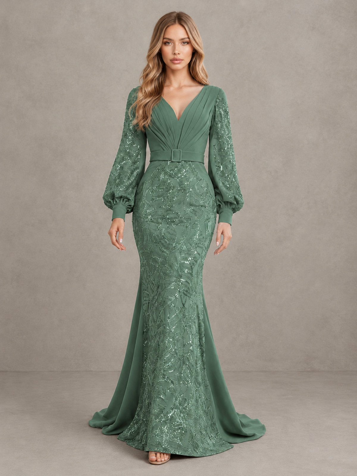 BOLODOO Eucalyptus Sequin Long Bishop Sleeve Mermaid Evening Dress - Eucalyptus - Eucalyptus (1)
