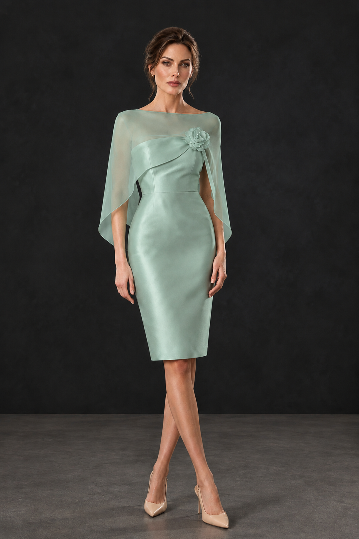 BOLODOO Eucalyptus Cape Knee-Length Mother of the Bride Dress - Eucalyptus - Eucalyptus (1)