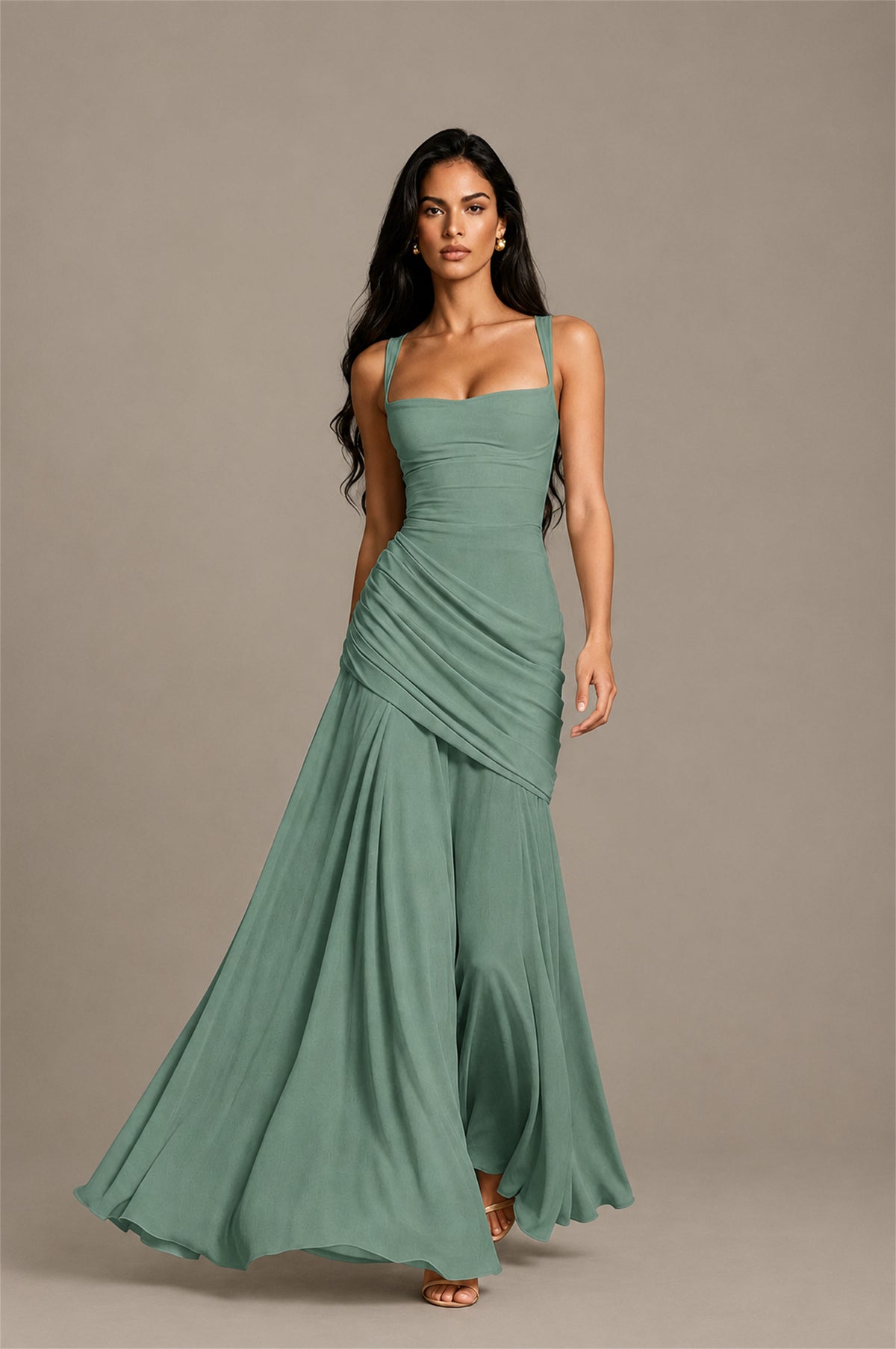 BOLODOO Square Neck Ruched A-Line Maxi Dress - Eucalyptus Backless Evening Gown - Eucalyptus