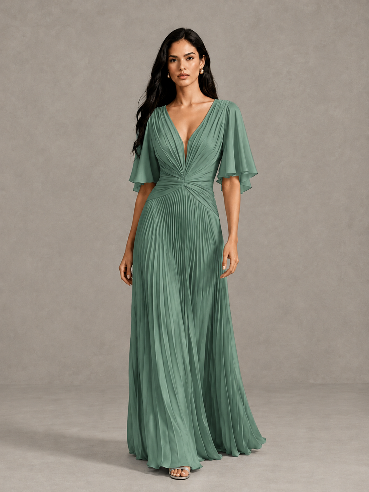BOLODOO Eucalyptus Pleated V-Neck Flutter Sleeve Bridesmaid Dress - Eucalyptus - Eucalyptus (1)