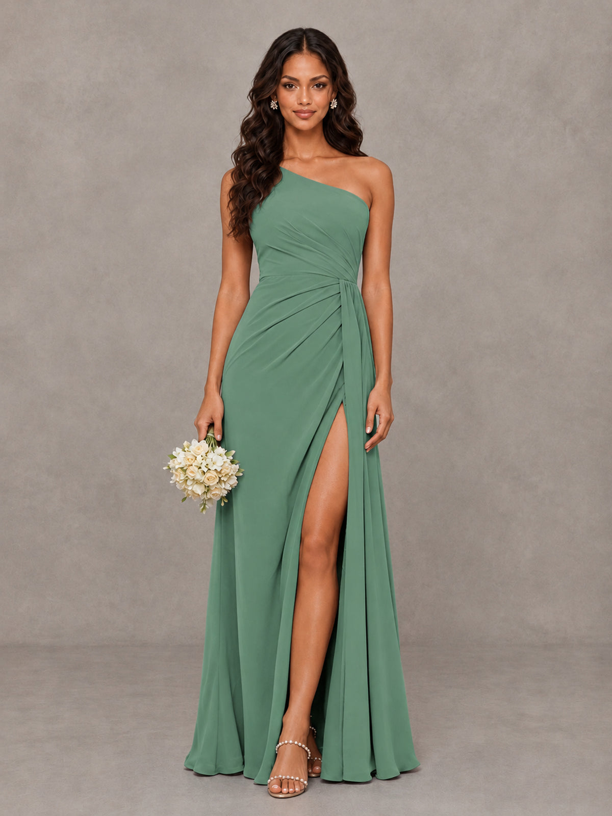 BOLODOO Eucalyptus One-Shoulder Chiffon Bridesmaid Dress with Ruched Bodice & High Slit - Eucalyptus - Eucalyptus (1)