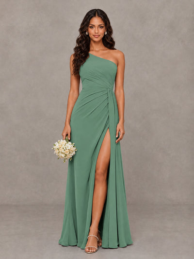BOLODOO Eucalyptus One-Shoulder Chiffon Bridesmaid Dress with Ruched Bodice & High Slit - Eucalyptus - Eucalyptus (1)