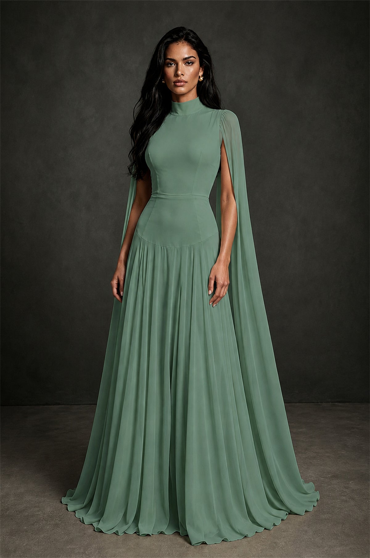 BOLODOO Eucalyptus Mock Neck Cape Sleeve A-Line Chiffon Maxi Dress - Eucalyptus - Eucalyptus (1)