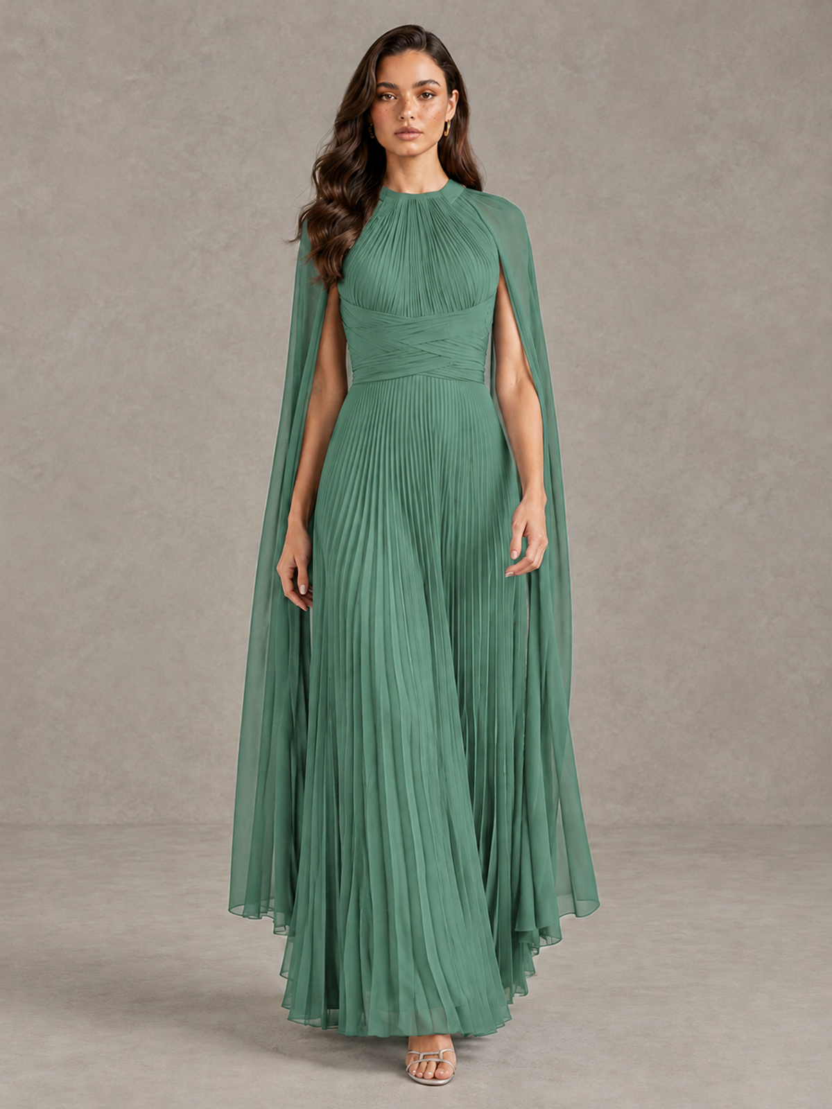 BOLODOO Eucalyptus Pleated Cape Maxi Wedding Guest Dress - Eucalyptus - Eucalyptus (1)
