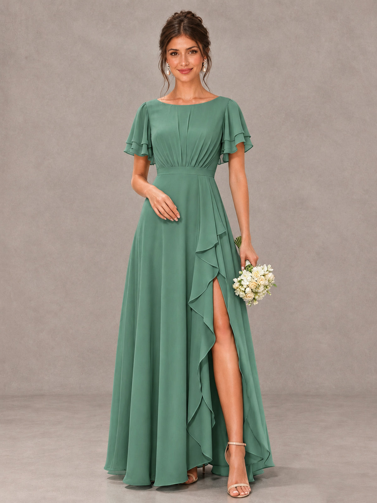 BOLODOO Eucalyptus Flutter Sleeve Ruffle Bridesmaid Dress with Slit - Eucalyptus - Eucalyptus (1)