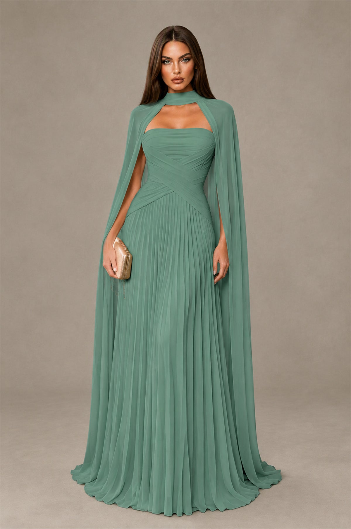 BOLODOO Eucalyptus Strapless Crossover Ruched Bodice Detached Turtleneck Cape Lace-Up Back Pleated Chiffon Maxi Dress - Eucalyptus