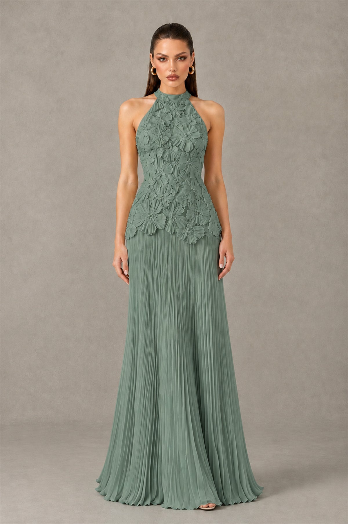 BOLODOO Eucalyptus 3D Floral Applique Halter Neck Open Back Pleated Maxi Dress - Eucalyptus