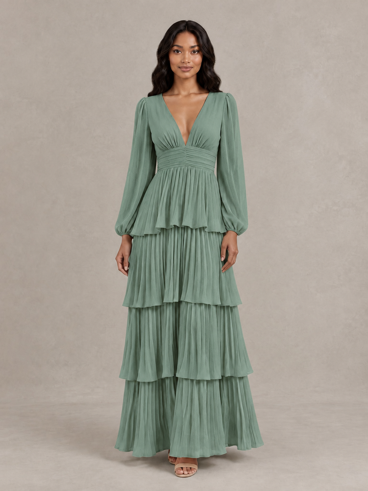 BOLODOO Eucalyptus Long-Sleeve Tiered Maxi Dress with Deep V-Neck - Eucalyptus