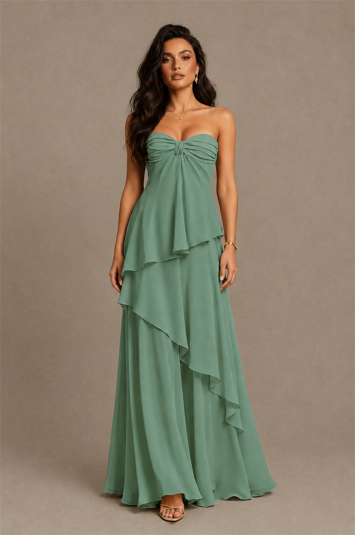 BOLODOO Eucalyptus Strapless Sweetheart Knotted Chiffon Tiered Maxi Dress with Lace-Up Back - Eucalyptus