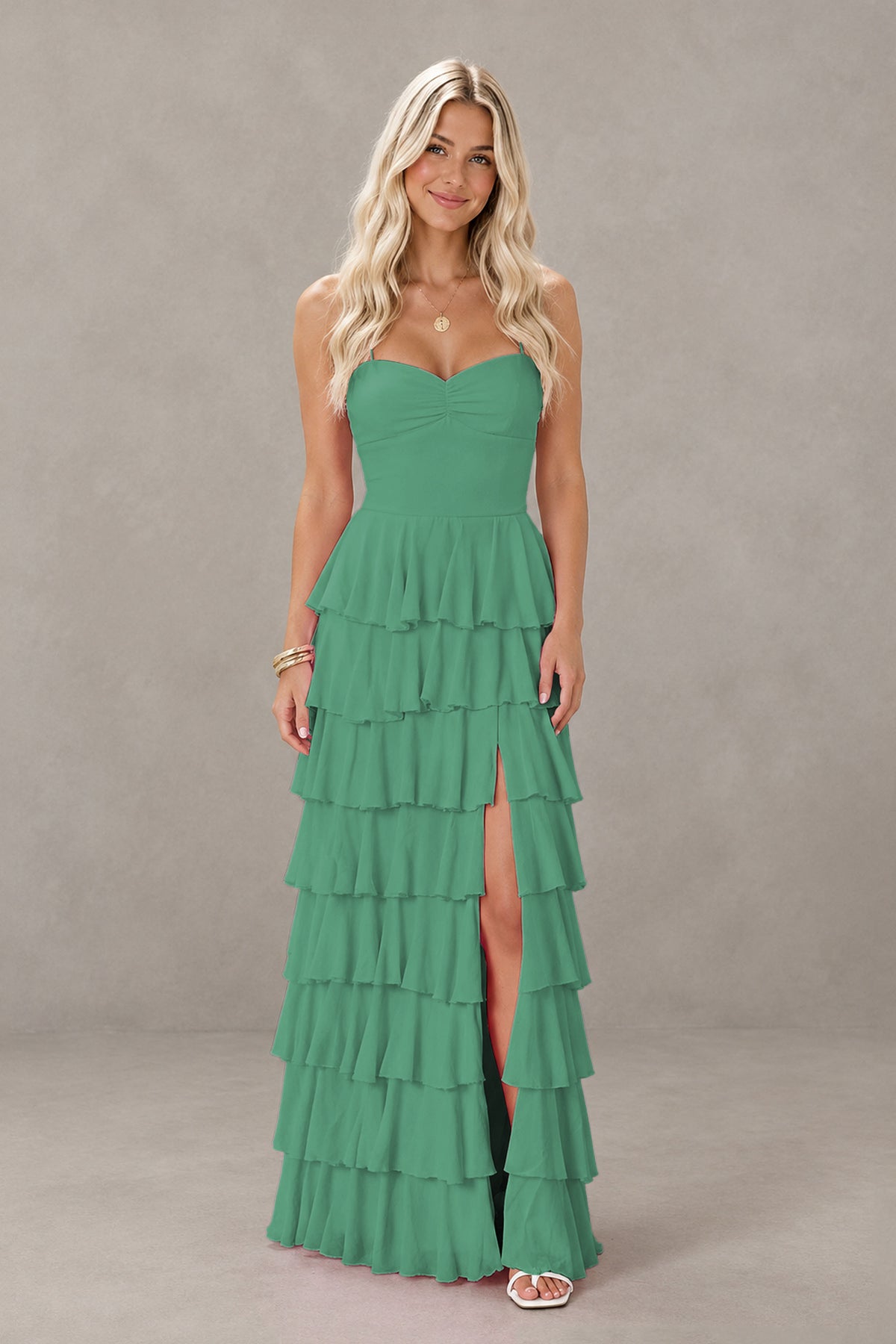 BOLODOO Eucalyptus Strapless Tiered Ruffle Maxi Dress with Slit & Lace-Up Back - Eucalyptus