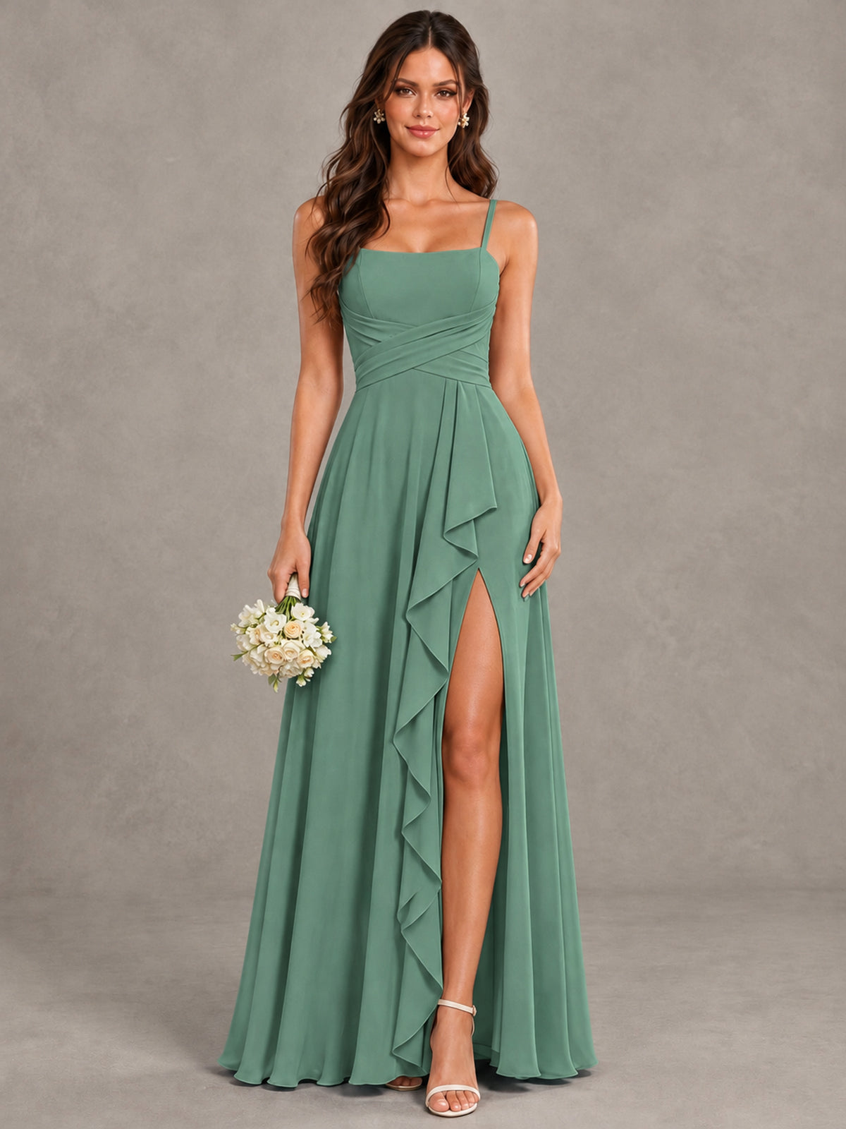 BOLODOO Eucalyptus Spaghetti Strap Ruffle Bridesmaid Dress with Slit - Eucalyptus - Eucalyptus (1)