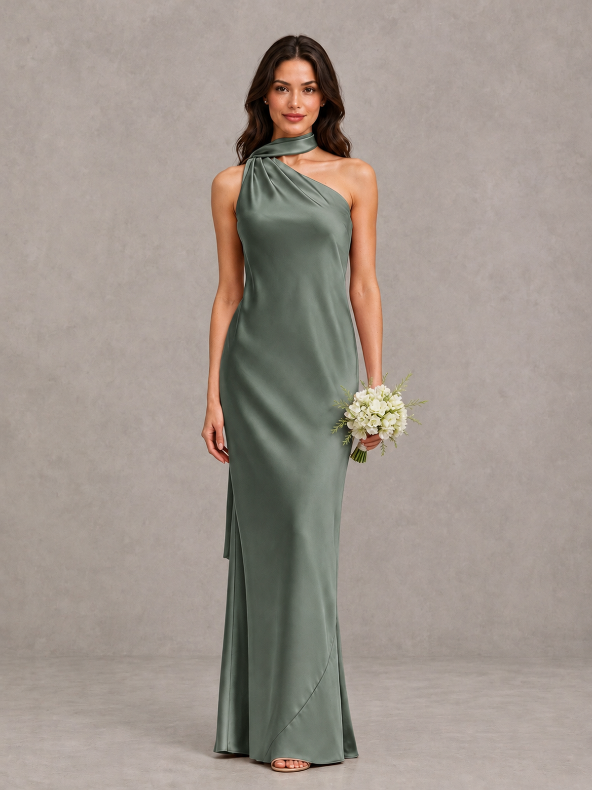 BOLODOO Eucalyptus Satin One-Shoulder Bridesmaid Dress with Open Back - Eucalyptus - Eucalyptus (1)