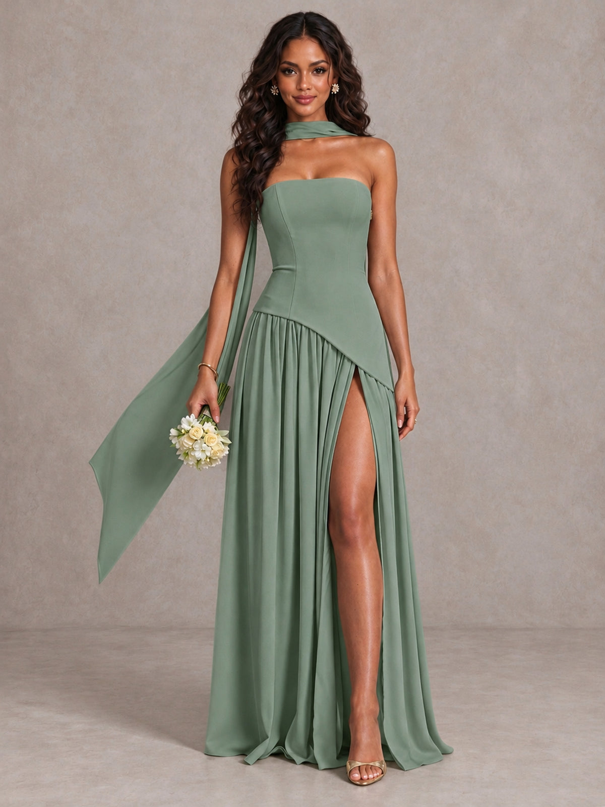 Eucalyptus Strapless Bridesmaid Dress with Scarf & High Slit - Eucalyptus - Eucalyptus (1)