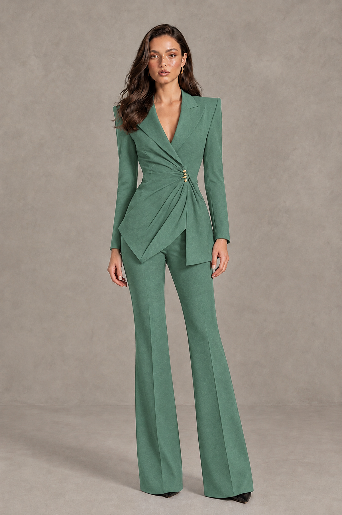 BOLODOO Eucalyptus Long Sleeve Wrap Blazer Pantsuit with Wide-Leg Trousers - Eucalyptus - Eucalyptus (1)