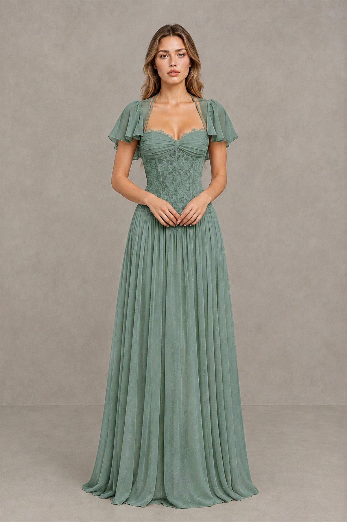 BOLODOO Eucalyptus Flutter Sleeve Lace Corset A-Line Maxi Dress - Eucalyptus - Eucalyptus (1)