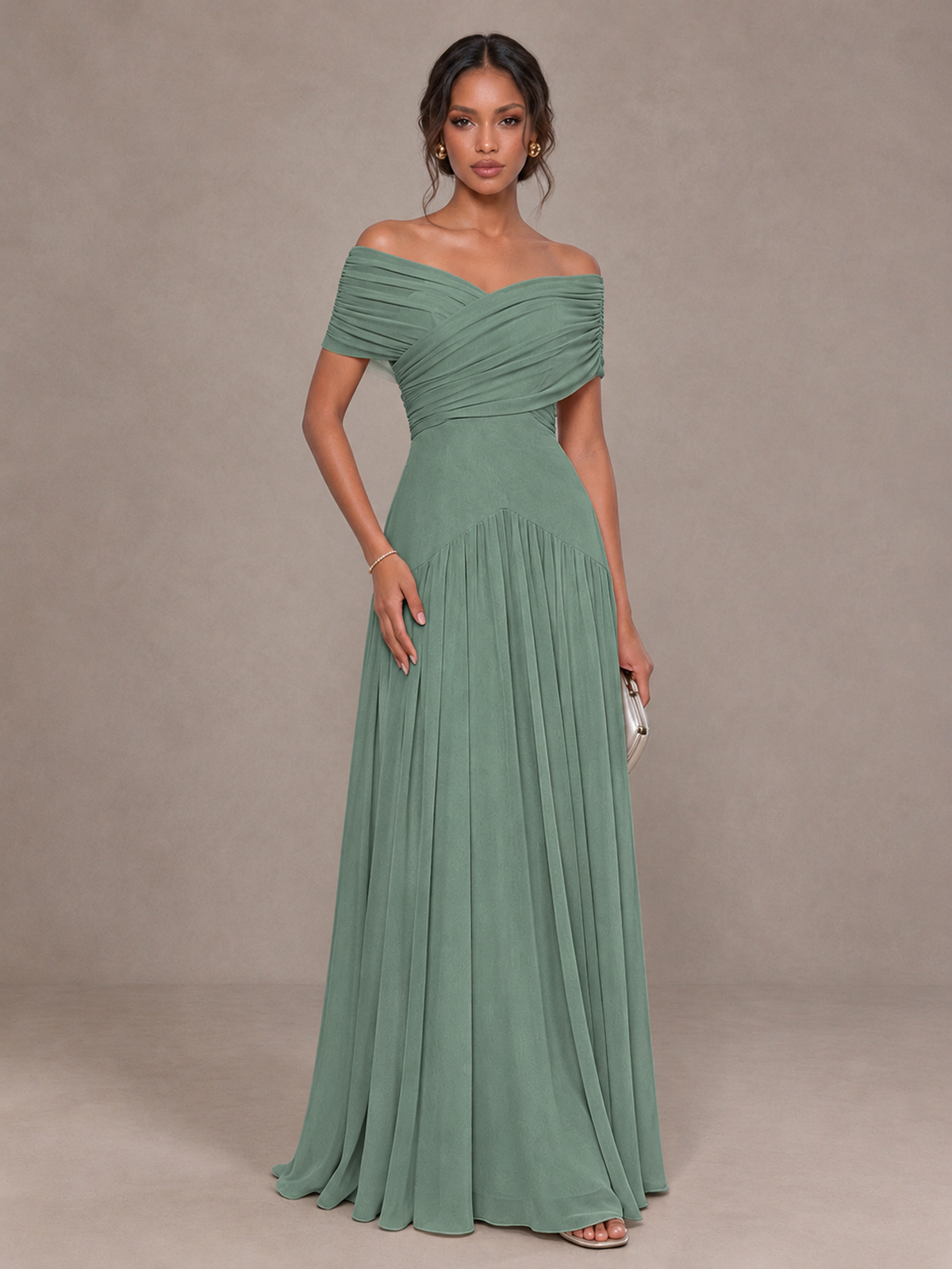 BOLODOO Eucalyptus Off-Shoulder Ruched A-Line Bridesmaid Dress - Eucalyptus - Eucalyptus (1)