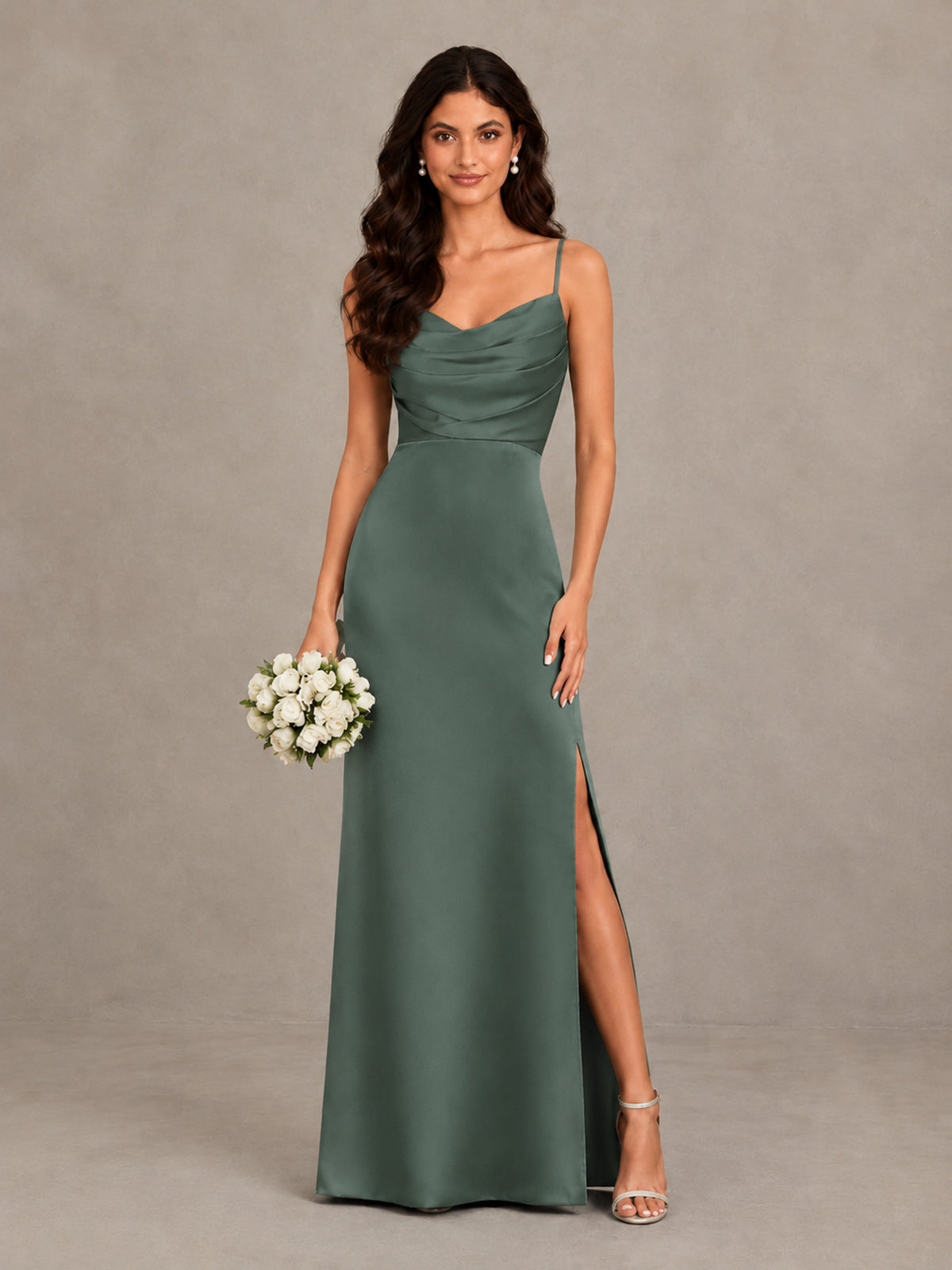 BOLODOO Eucalyptus Cowl Neck Satin Bridesmaid Dress with Slit - Eucalyptus - Eucalyptus (1)