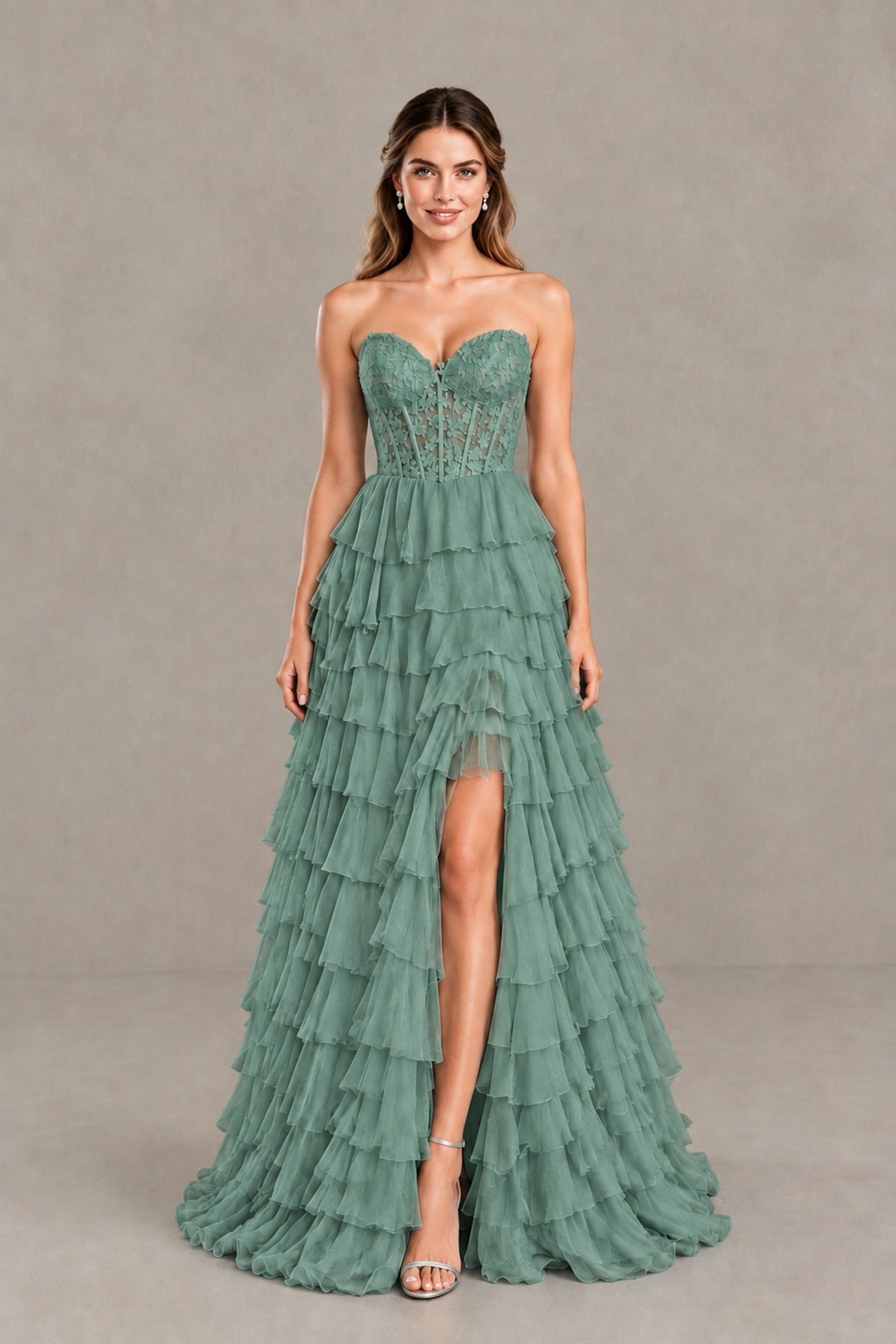 BOLODOO Eucalyptus Strapless Lace Corset Tiered Ruffle Prom Dress with Slit - Eucalyptus - Eucalyptus (1)