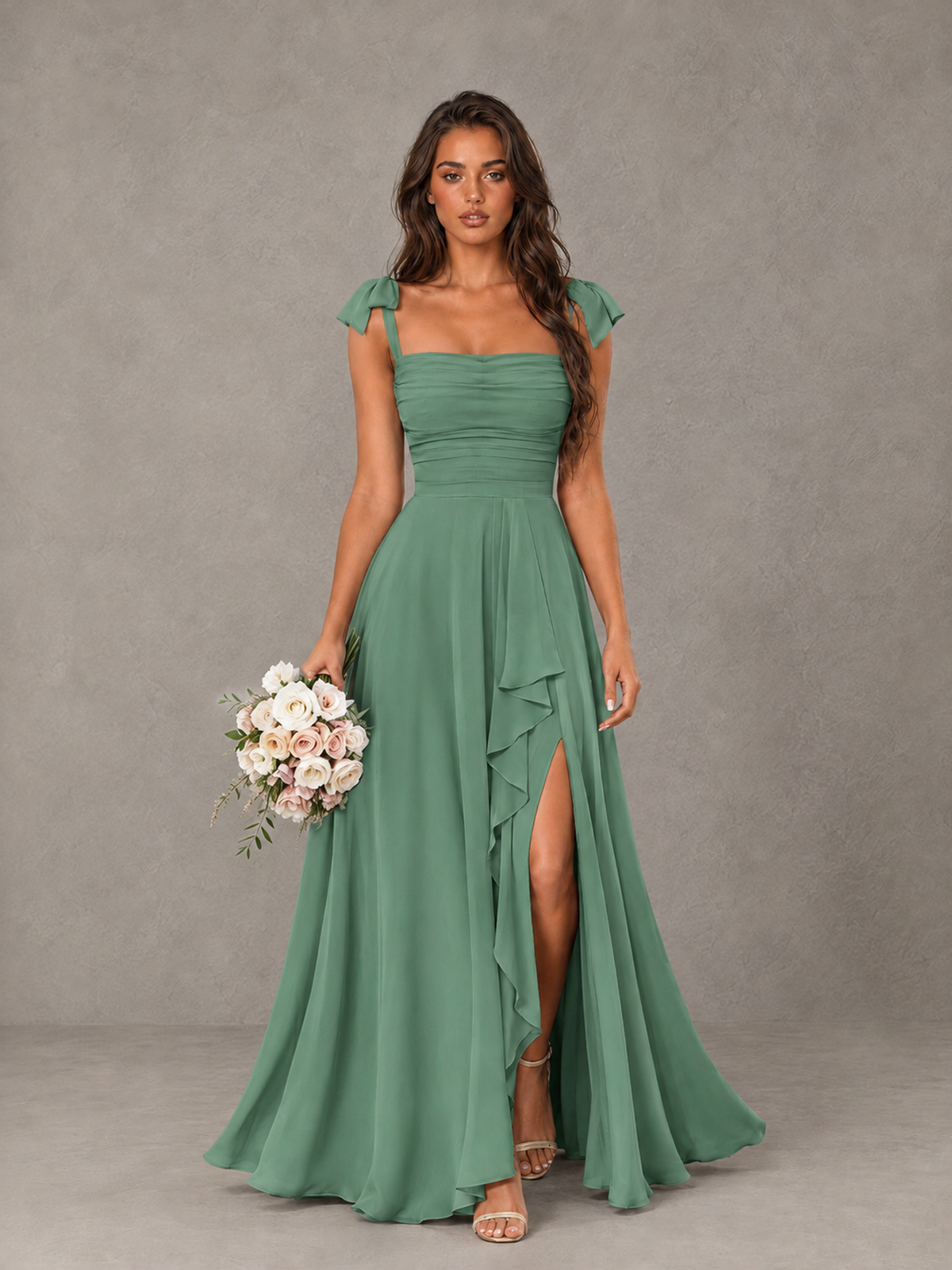 BOLODOO Eucalyptus Bow-Strap Bridesmaid Dress with Ruffle Slit - Eucalyptus - Eucalyptus (1)