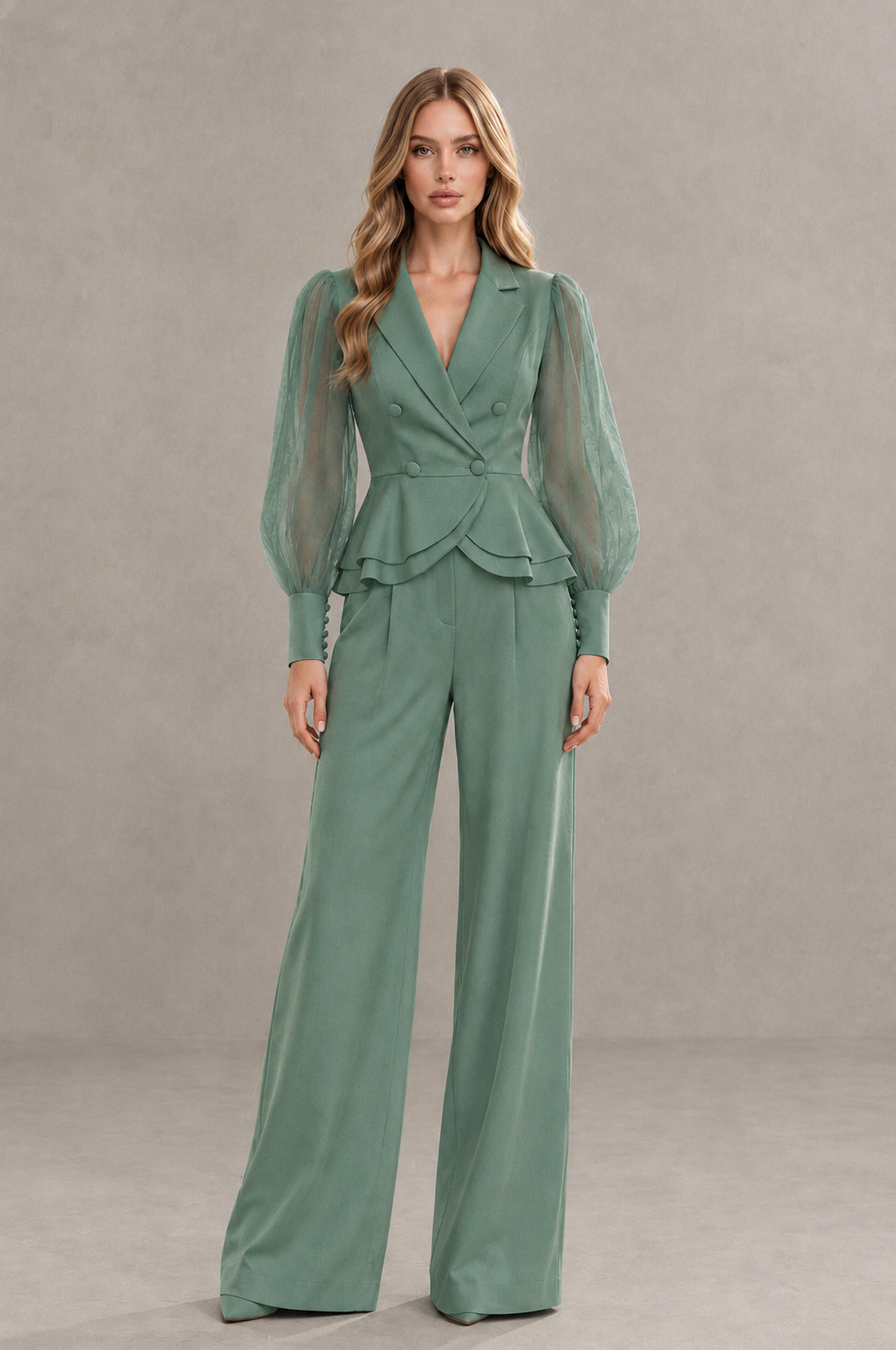 BOLODOO Mint Eucalyptus Peplum Blazer Wide-Leg Pantsuit with Sheer Puff Sleeves - Eucalyptus