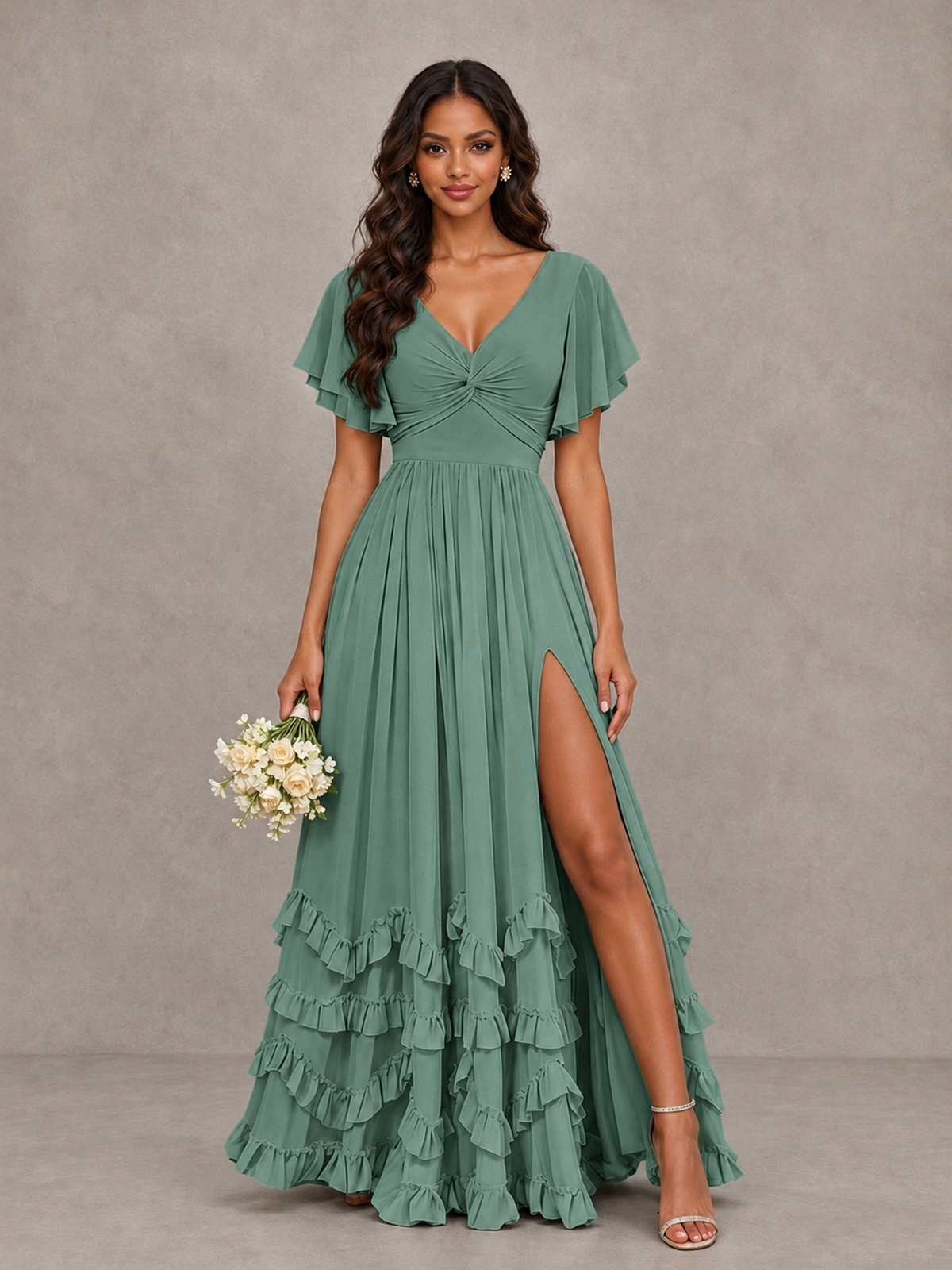 BOLODOO Eucalyptus V-Neck Flutter Sleeve Ruffle Bridesmaid Dress with Slit - Eucalyptus - Eucalyptus (1)