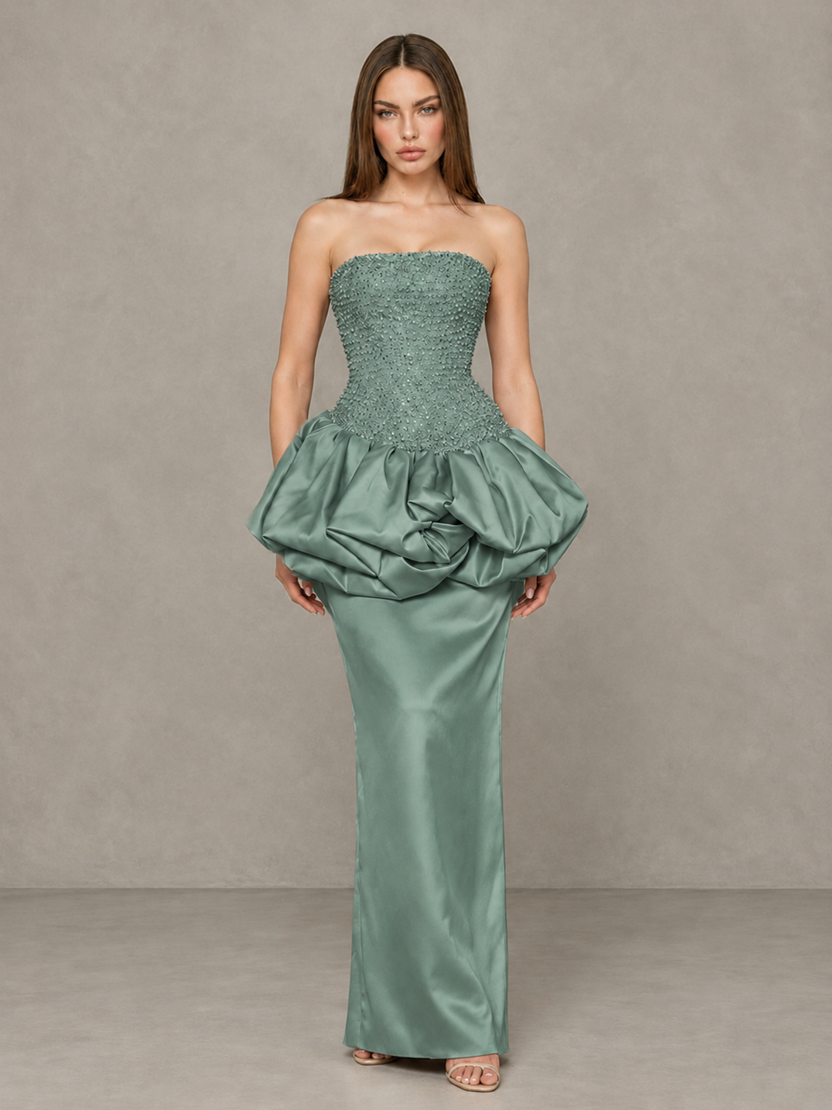BOLODOO Eucalyptus Strapless Embellished Bubble Peplum Evening Dress - Eucalyptus - Eucalyptus (1)