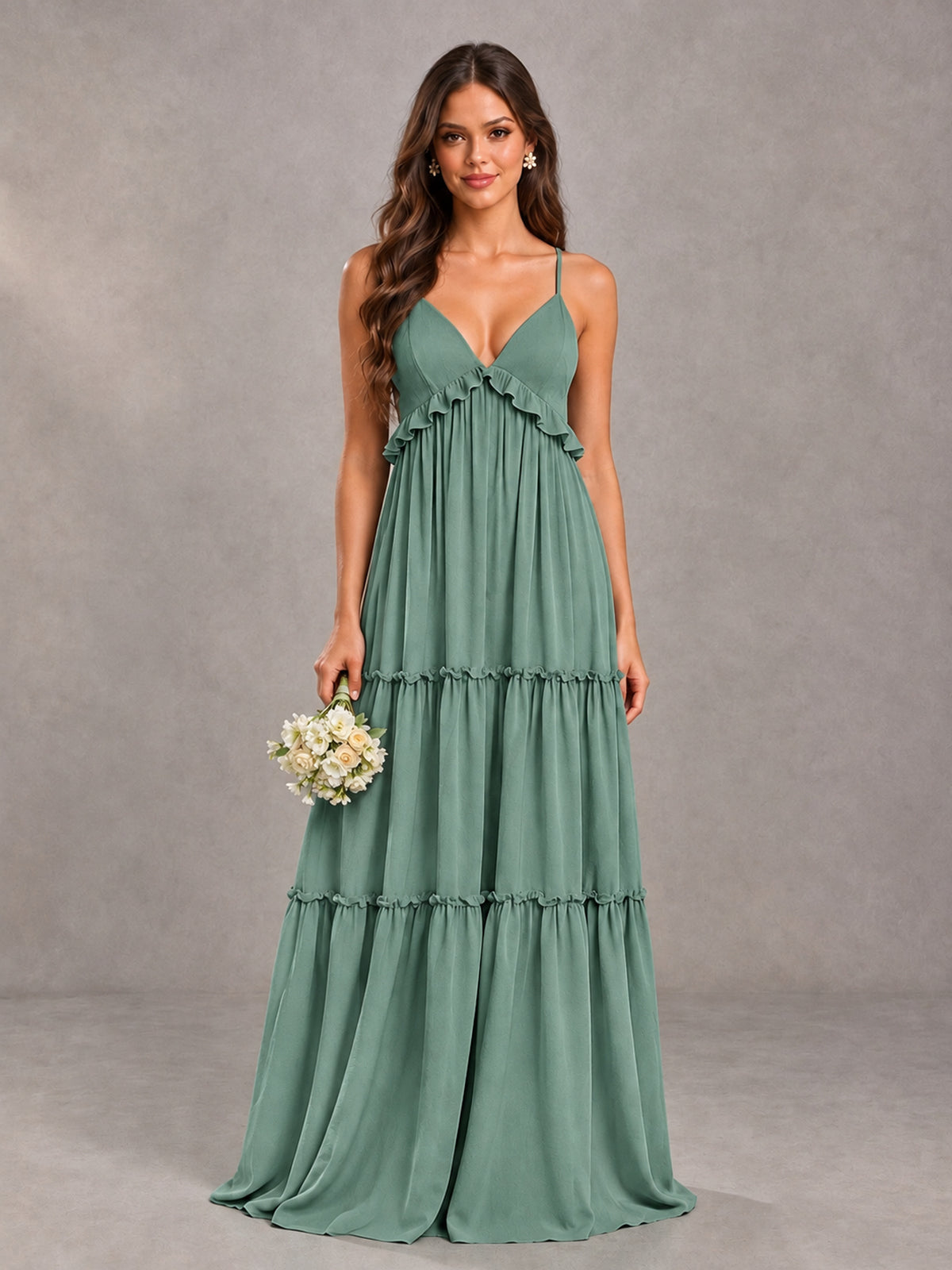 BOLODOO Eucalyptus Tiered V-Neck Lace-Up Back Bridesmaid Dress - Eucalyptus - Eucalyptus (1)