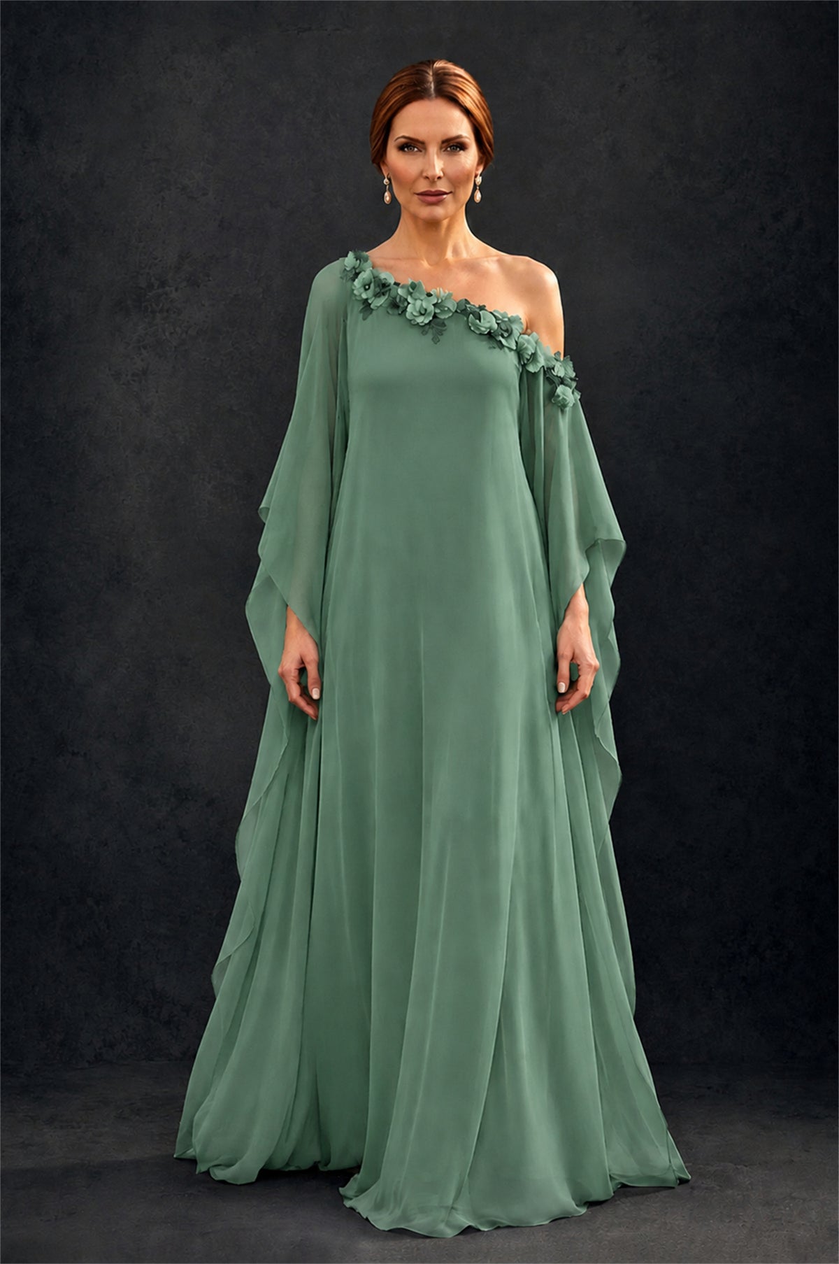BOLODOO Eucalyptus 2-Piece Set: Off-Shoulder 3D Floral Cape Gown & One-Shoulder Wide-Leg Jumpsuit | BD0373 - Eucalyptus