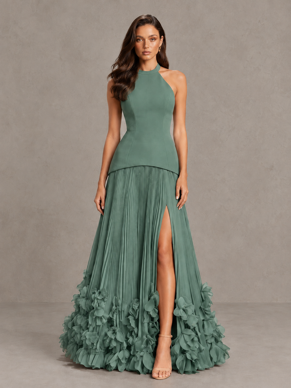 BOLODOO Eucalyptus Halter Neck Floor-Length Evening Gown with High Slit & 3D Floral Hem - Eucalyptus - Eucalyptus (1)