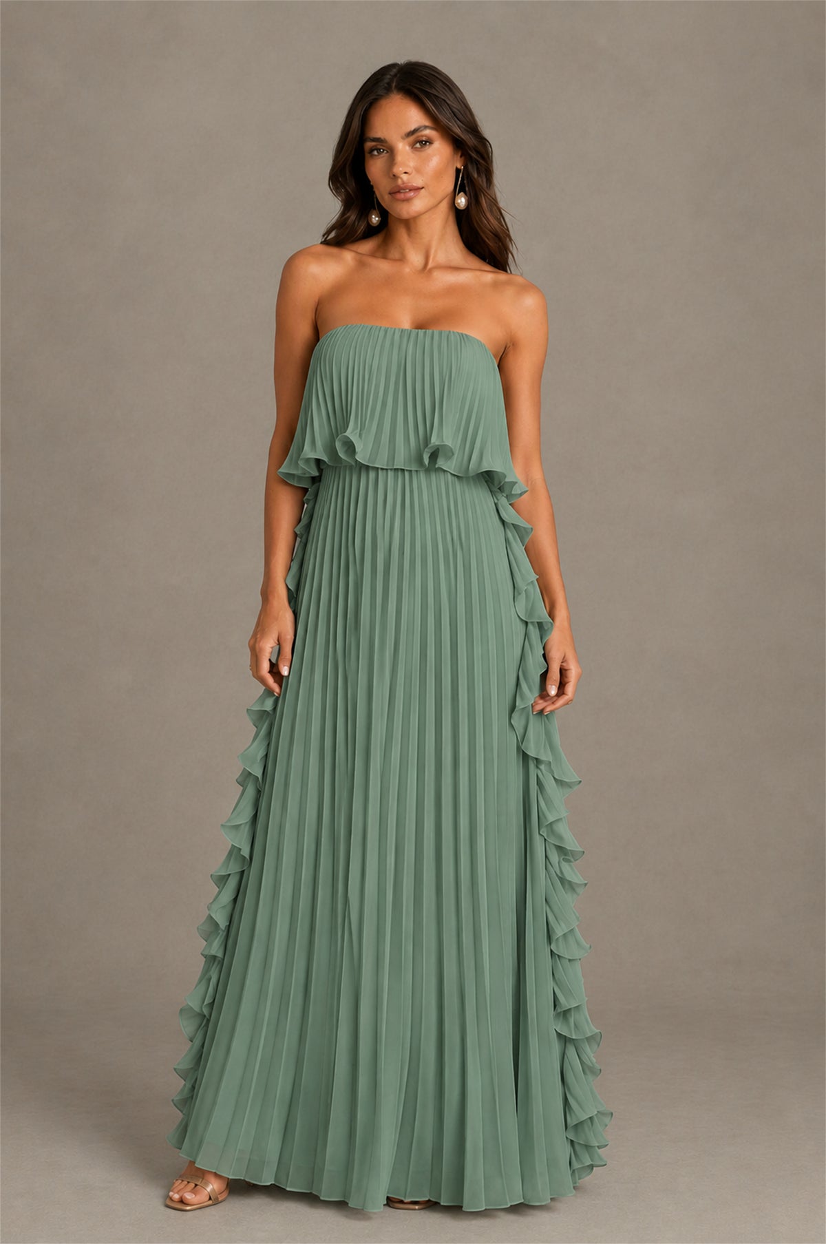 BOLODOO Eucalyptus Strapless Ruffle Bodice Dual Cascading Ruffle Accordion Pleated Chiffon Maxi Dress - Eucalyptus