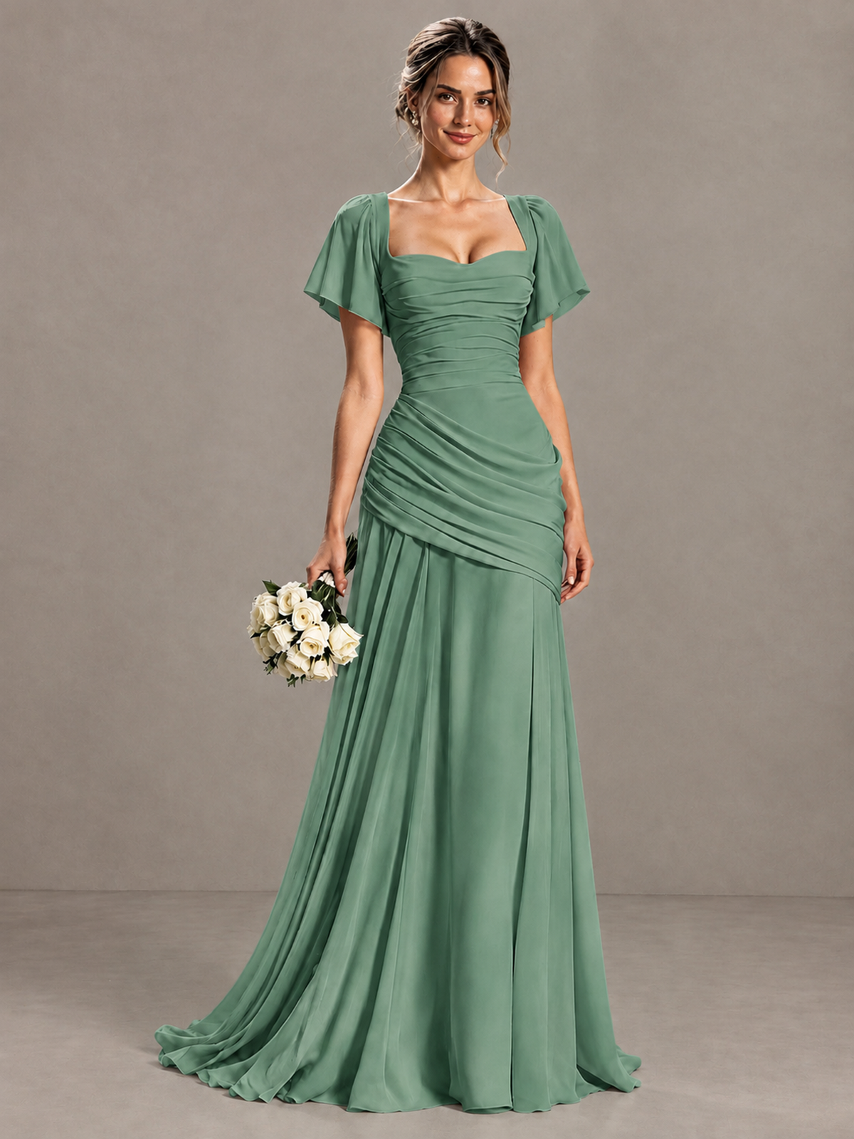 BOLODOO Eucalyptus Flutter Sleeve Lace-Up Back Maxi Dress - Eucalyptus - Eucalyptus (1)