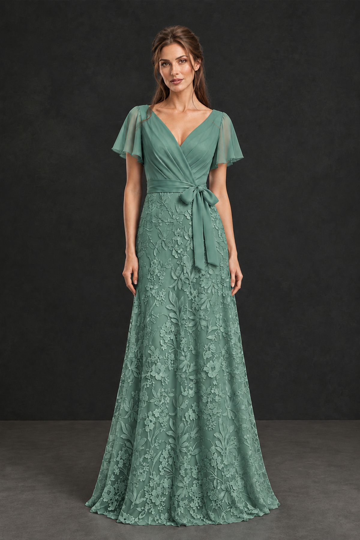 BOLODOO Eucalyptus Flutter Sleeve Lace Mother of the Bride Dress - Eucalyptus