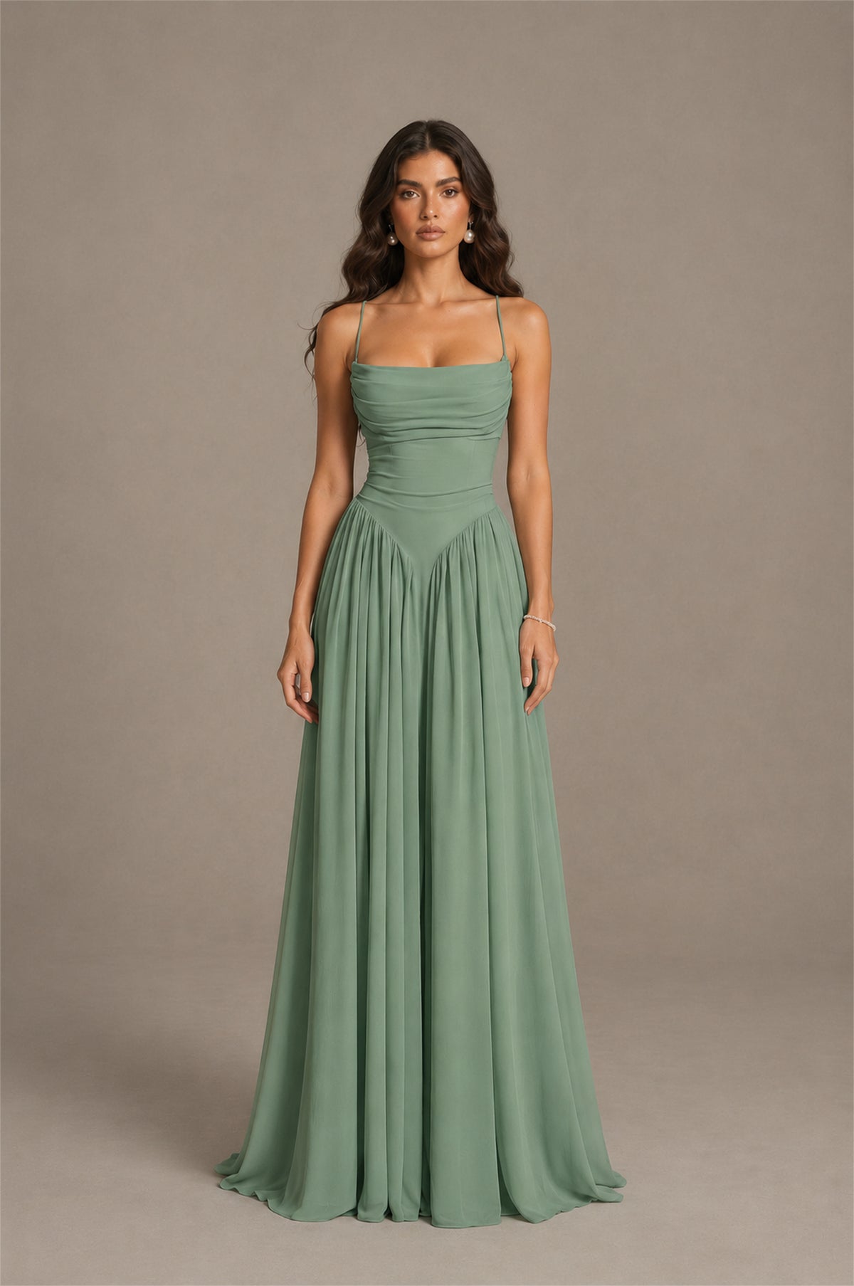 BOLODOO Eucalyptus Spaghetti Strap Square Neck Ruched Chiffon Maxi Dress with Lace-Up Back - Eucalyptus