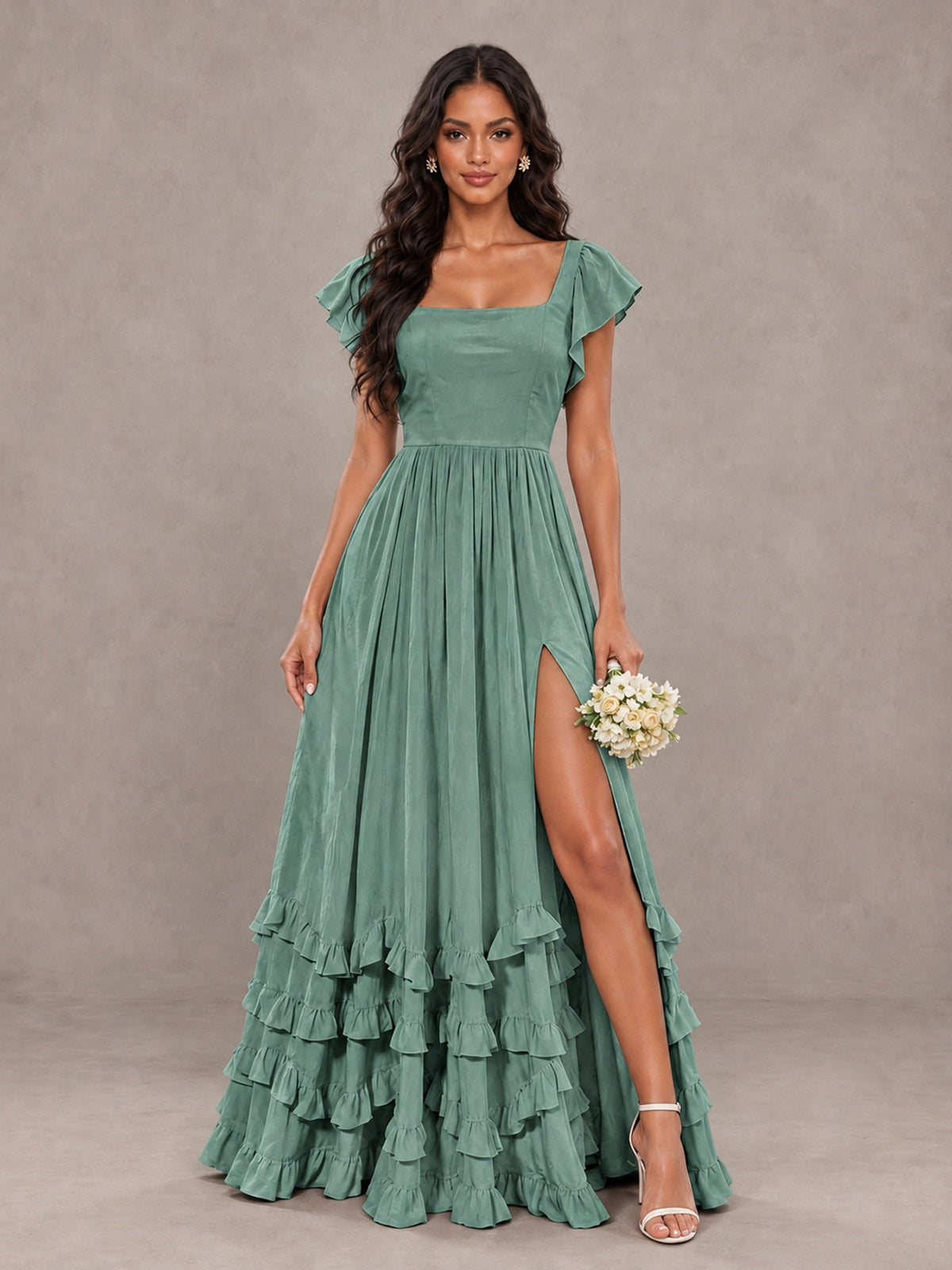 BOLODOO Eucalyptus Flutter Sleeve Ruffle Bridesmaid Dress with Slit - Eucalyptus - Eucalyptus (1)