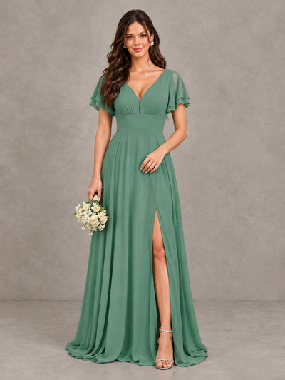 BOLODOO Eucalyptus Flutter Sleeve Chiffon A-Line Maxi Bridesmaid Dress with Open Back & Slit - Eucalyptus - Eucalyptus (1)