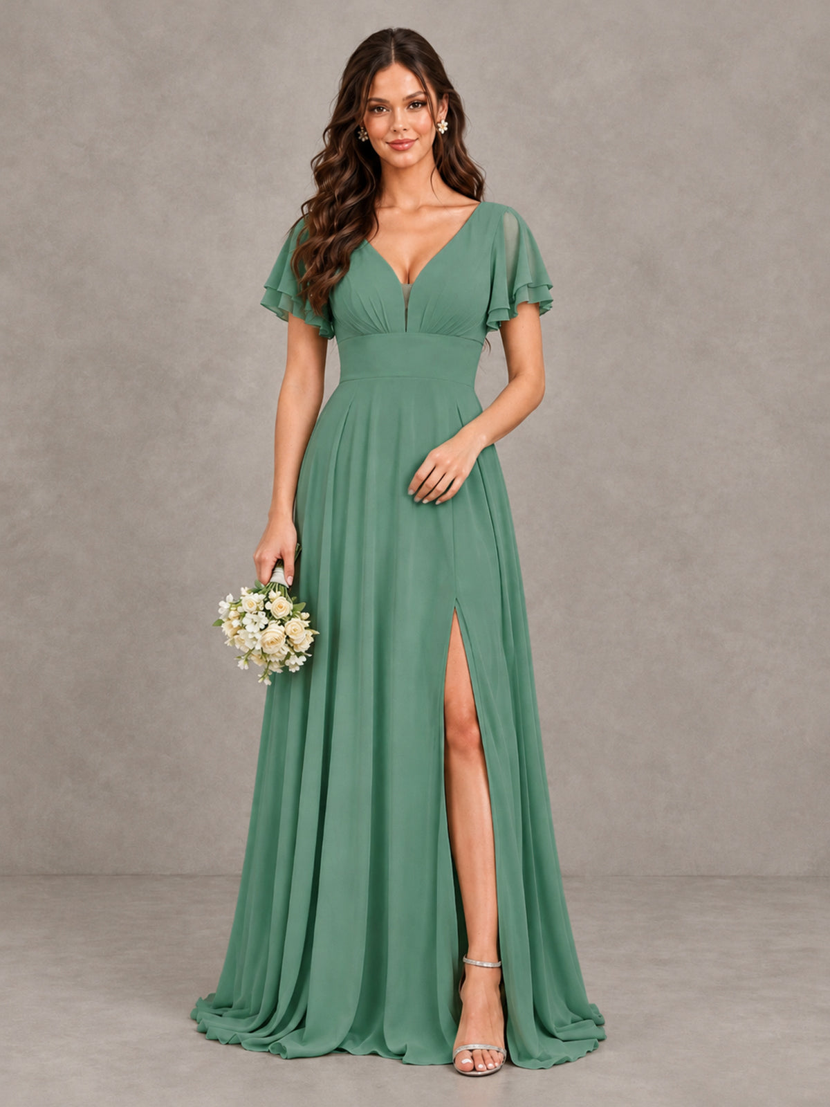 BOLODOO Eucalyptus Flutter Sleeve Chiffon A-Line Maxi Bridesmaid Dress with Open Back & Slit - Eucalyptus - Eucalyptus (1)
