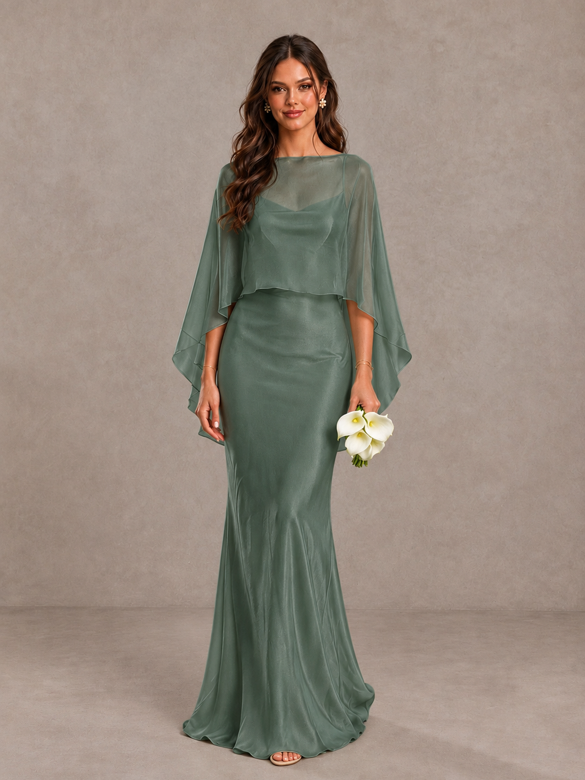 BOLODOO Eucalyptus Satin Mermaid Bridesmaid Dress with Chiffon Cape - Eucalyptus - Eucalyptus (1)